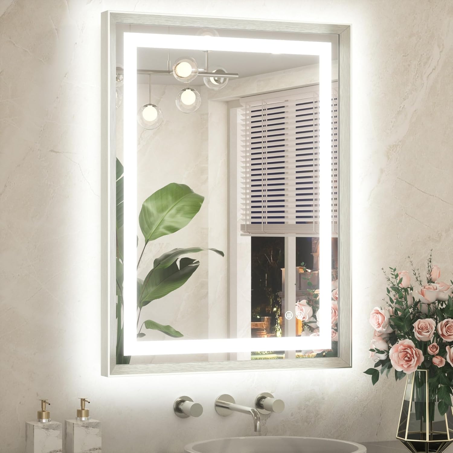 TETOTE 24 x 32 Bathroom LED Mirror Brushed Nickel Metal Frame Frontlit & Backlit Vanity Mirror Anti-Fog Stepless Dimmable 3 Colors White/Warm/Natural with Lights Wall-Mounted 32"L x 24"W Brushed Nickel