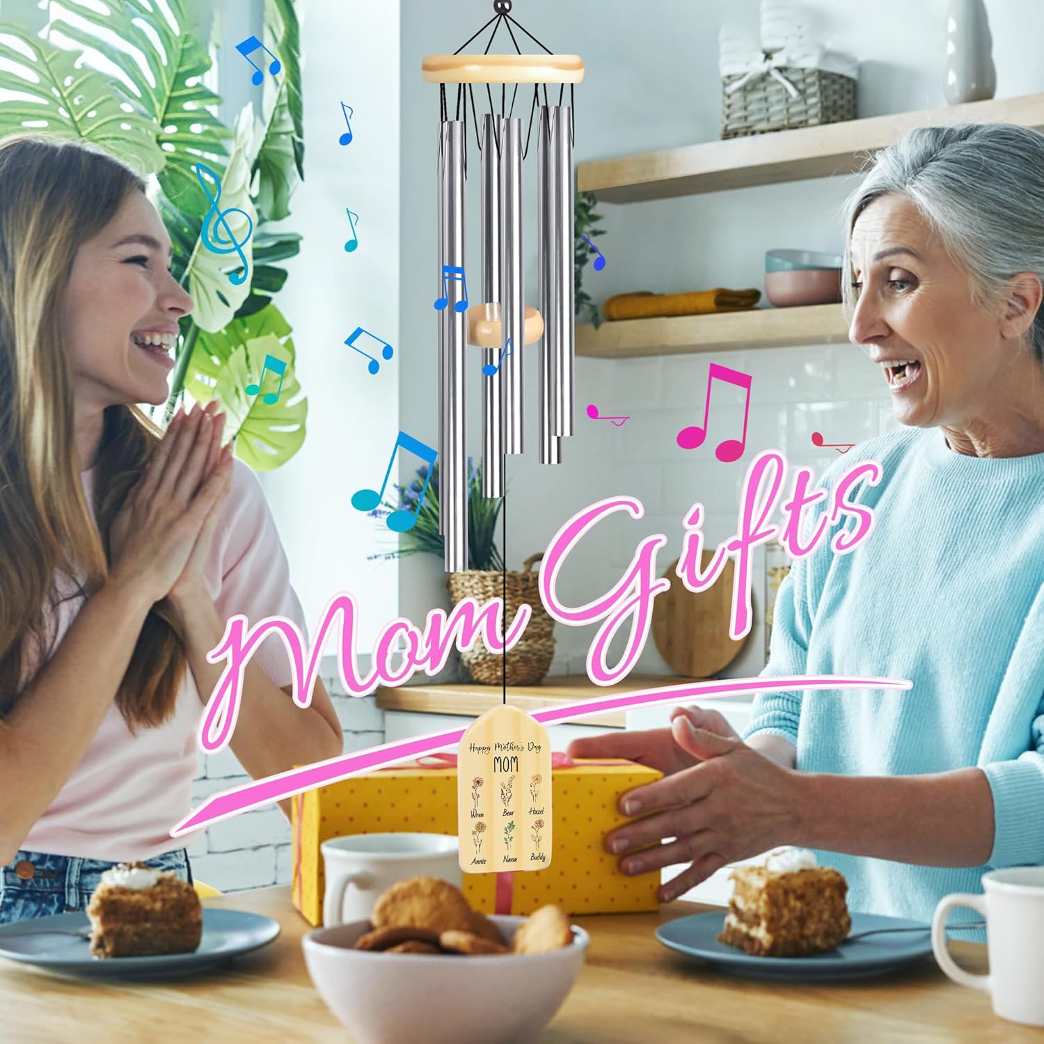 Mothers Day Wind Chime, Zmoicky Personalized Mom Gifts for Mothers Day, Mother's Day Presents, Birth Flower Gifts for Mom - Happy Mother's Day