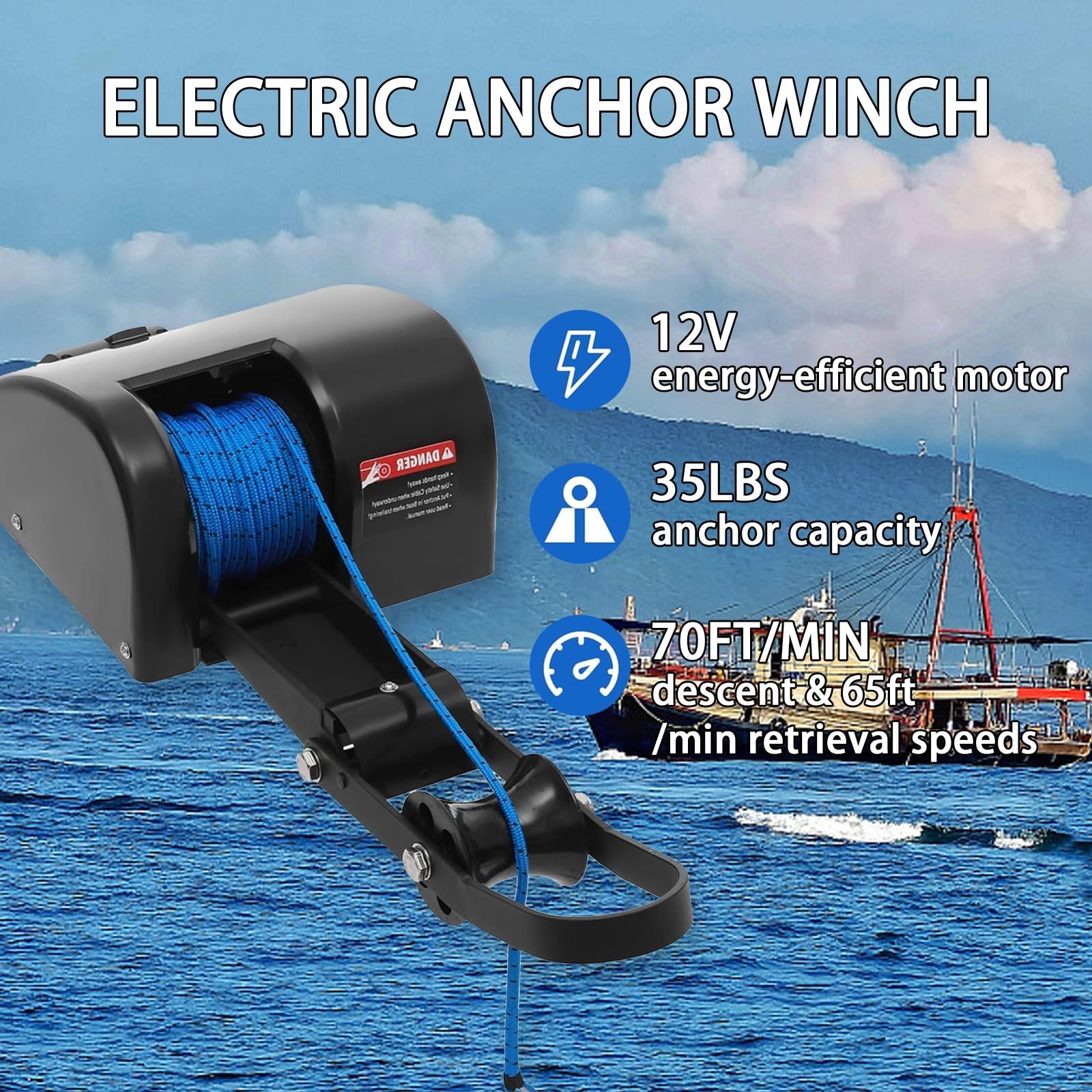 Verricello elettrico di ancoraggio, 12 V, telecomando per salpa ancora marino, supporta ancoraggi fino a 15,9 kg, ideale per barche da pesca, corda di sicurezza inclusa