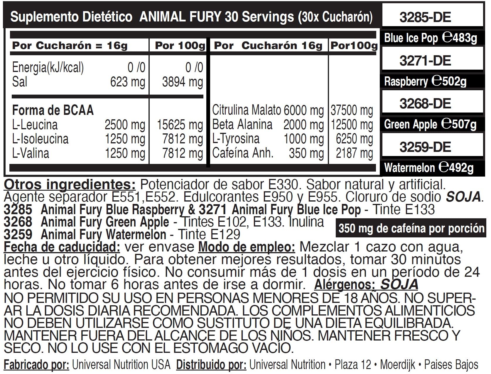 ANIMAL Fury Pre Workout Blue Raspberry - potenciador del entrenamiento con BCAA, beta-alanina, citrulina y 350 mg de cafeína - Para concentración, bombeo y energía - 483g