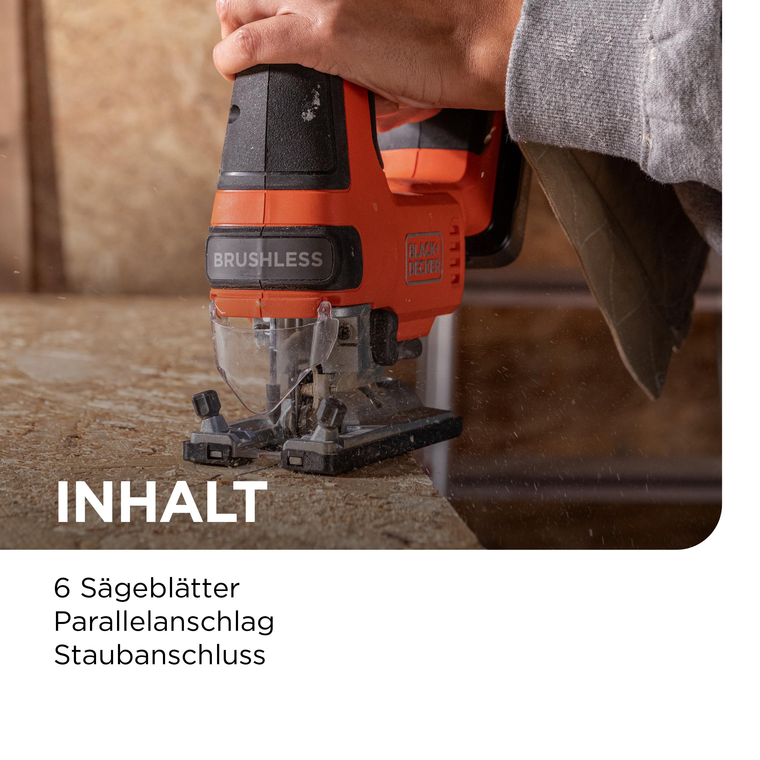 BLACK+DECKER bürstenlose Akku-Stichsäge, 18VSologerät, nur das Werkzeug, mit 6 Sägeblättern, Akkunicht enthalten, BLCJS78NZ-XJ
