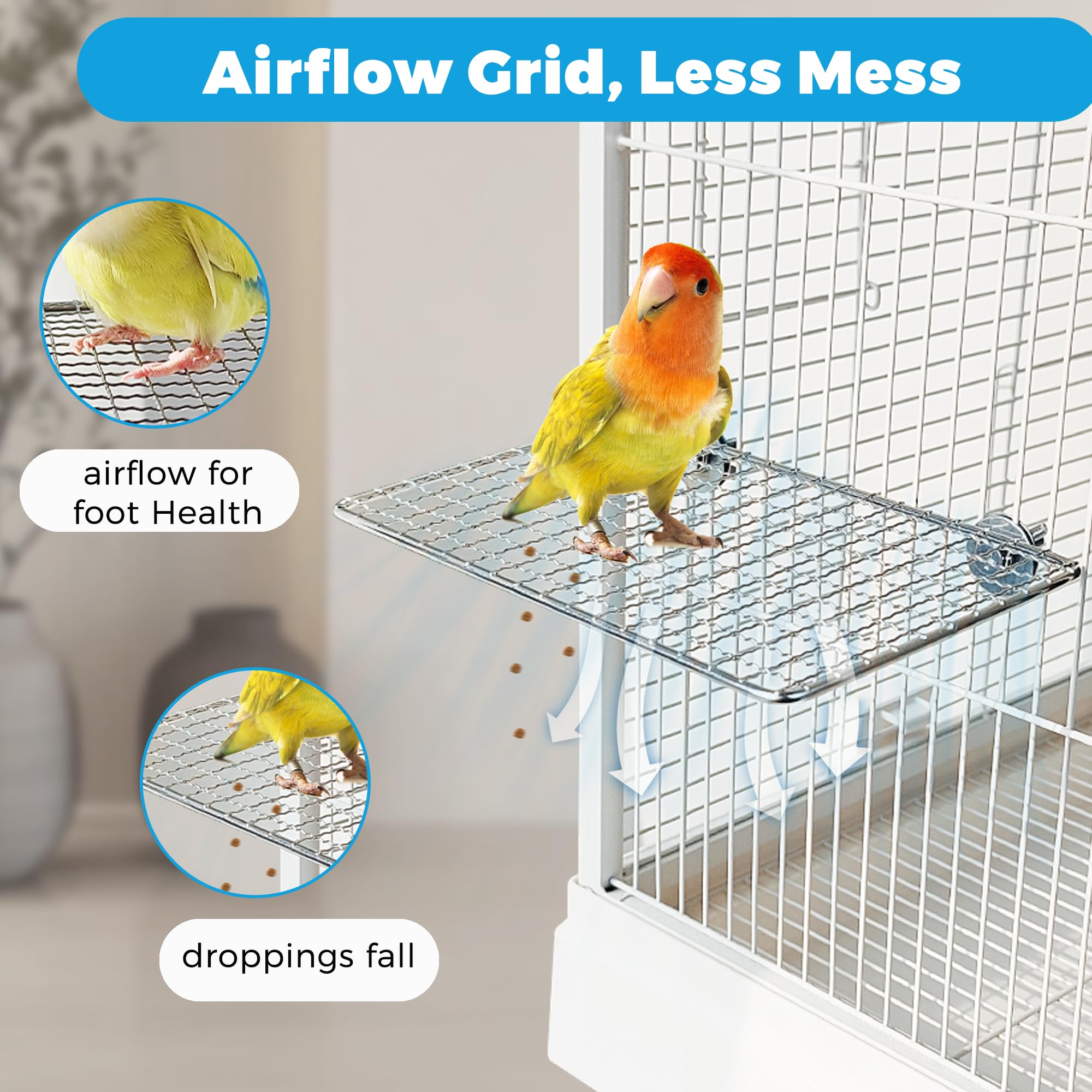 2 perchas para pájaros de acero inoxidable para jaula, soporte de rejilla abierta fácil de limpiar, estantes de percha para periquitos con agarre amigable con garras, percha plana para aves para