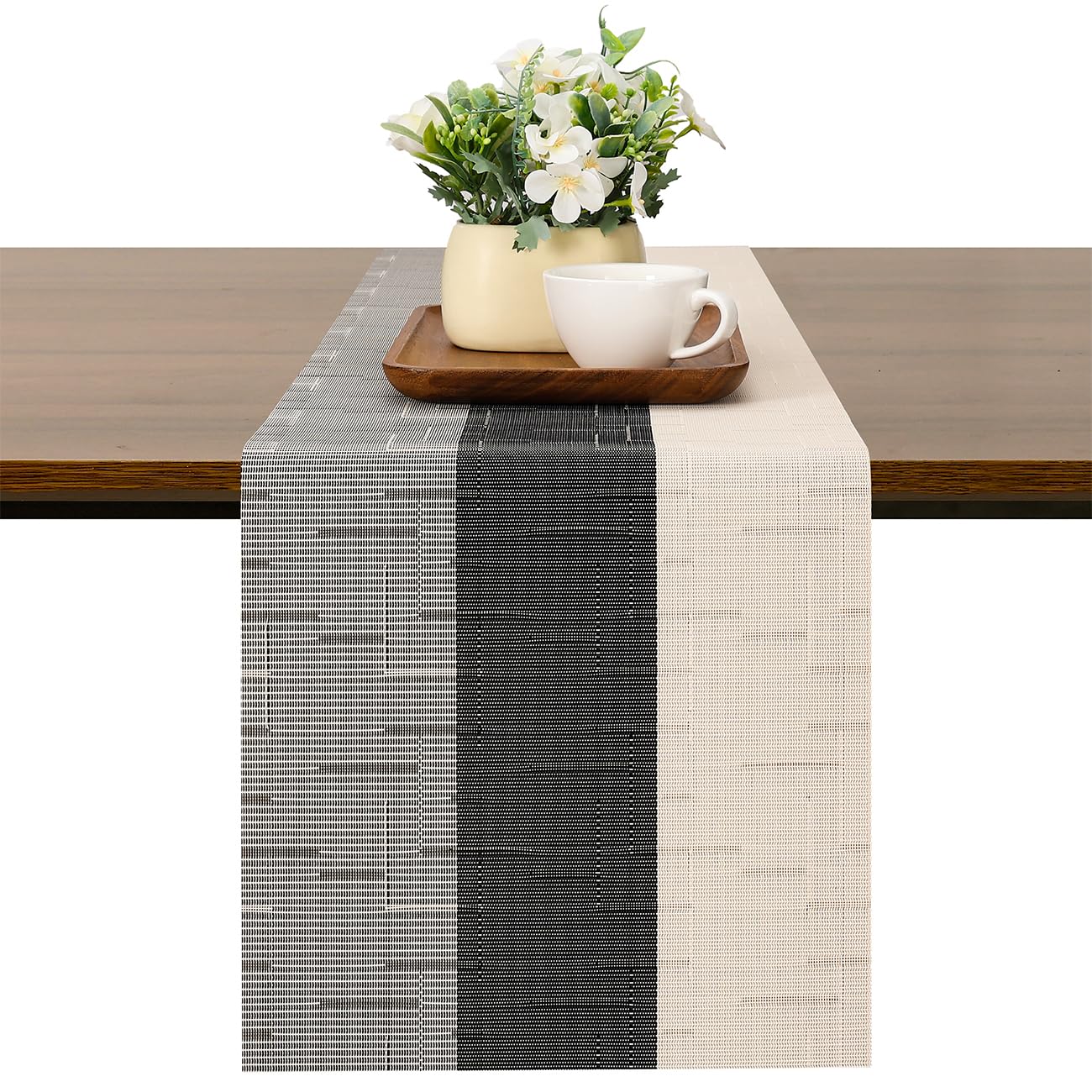 Chitomars Table Runner for Dining Table, Washable Vinyl Woven Table Runners for Farmhouse Decor Indoor Outdoor Birthday Weddings Party Home Coffee Table Decorations (Beige Black, 30 x 135 cm)