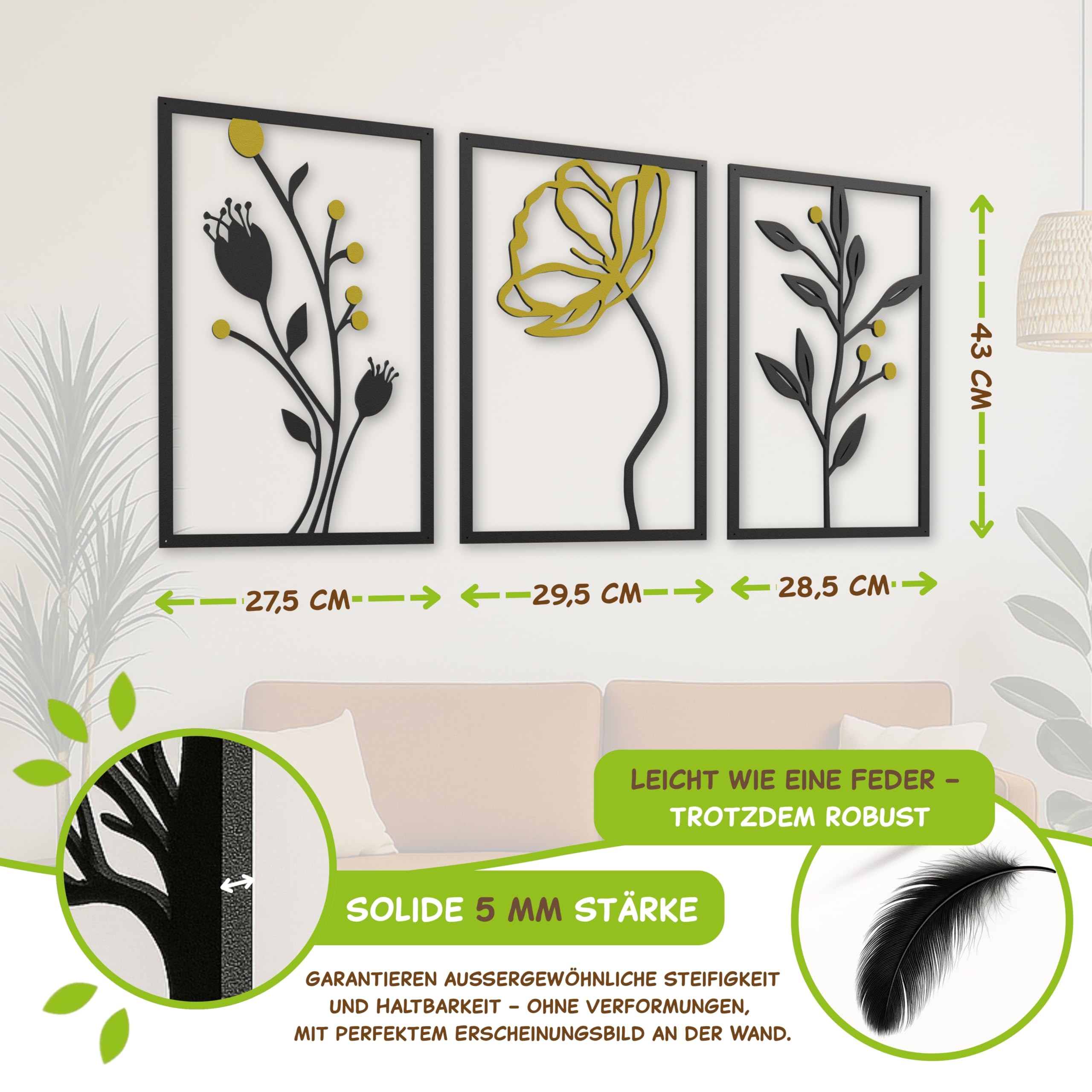 Outentin 3D Holz Wandbild Set – Moderne Wanddeko aus Holz 5mm – Wandkunst & Wandskulptur für Wohnzimmer, Schlafzimmer & Büro – Abstrakte, Boho & Zeitlose Holzdeko (43x85,5 cm, Goldene Blumen)