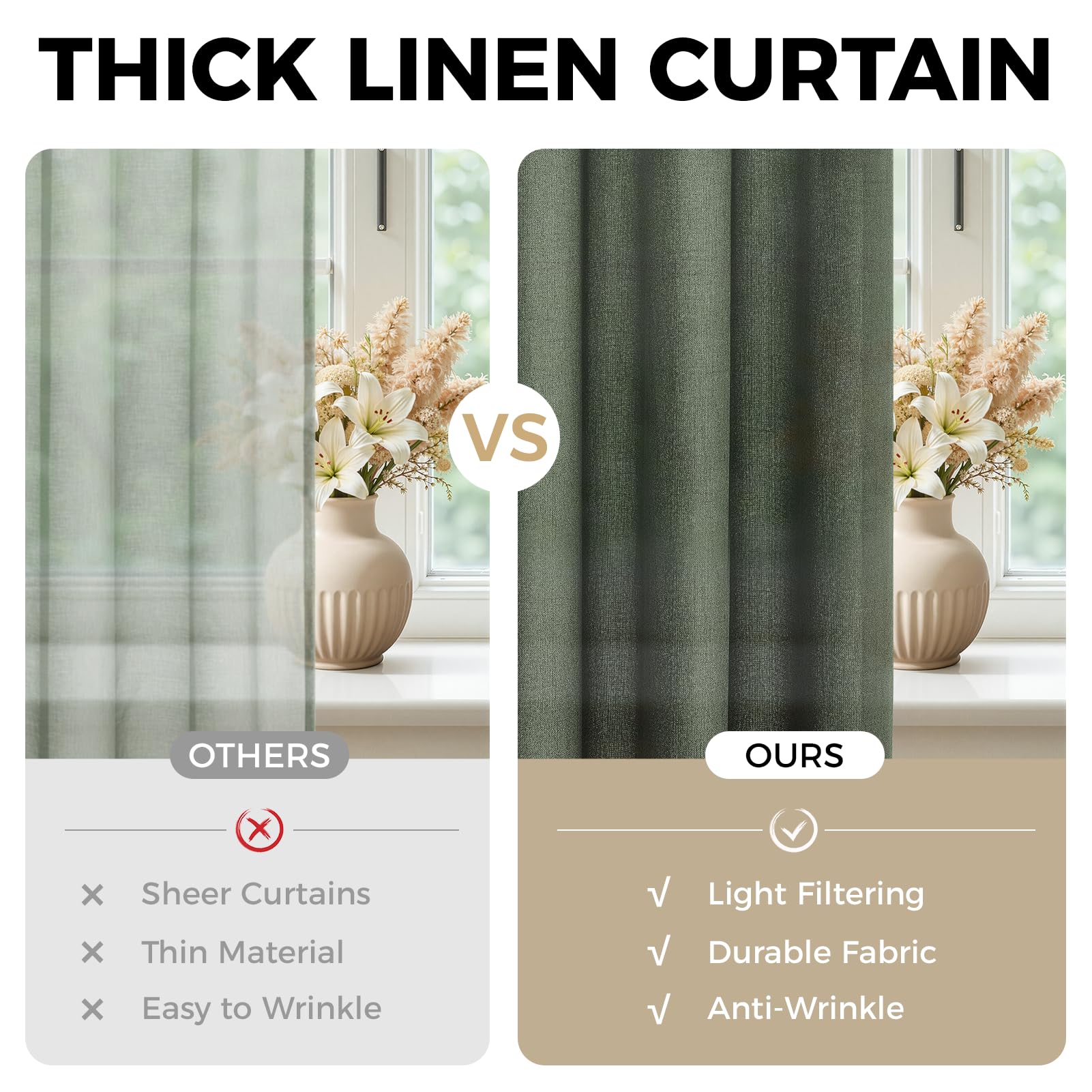 MRTREES Rideau Voilage Lin Naturel Semi-Transparent 140x240 cm pour Fenetre Chambre Adulte Salon Moderne Lot de 2 Panneaux de Rideaux Galon Fronceur Voilages Intérieurs, Vert Olive