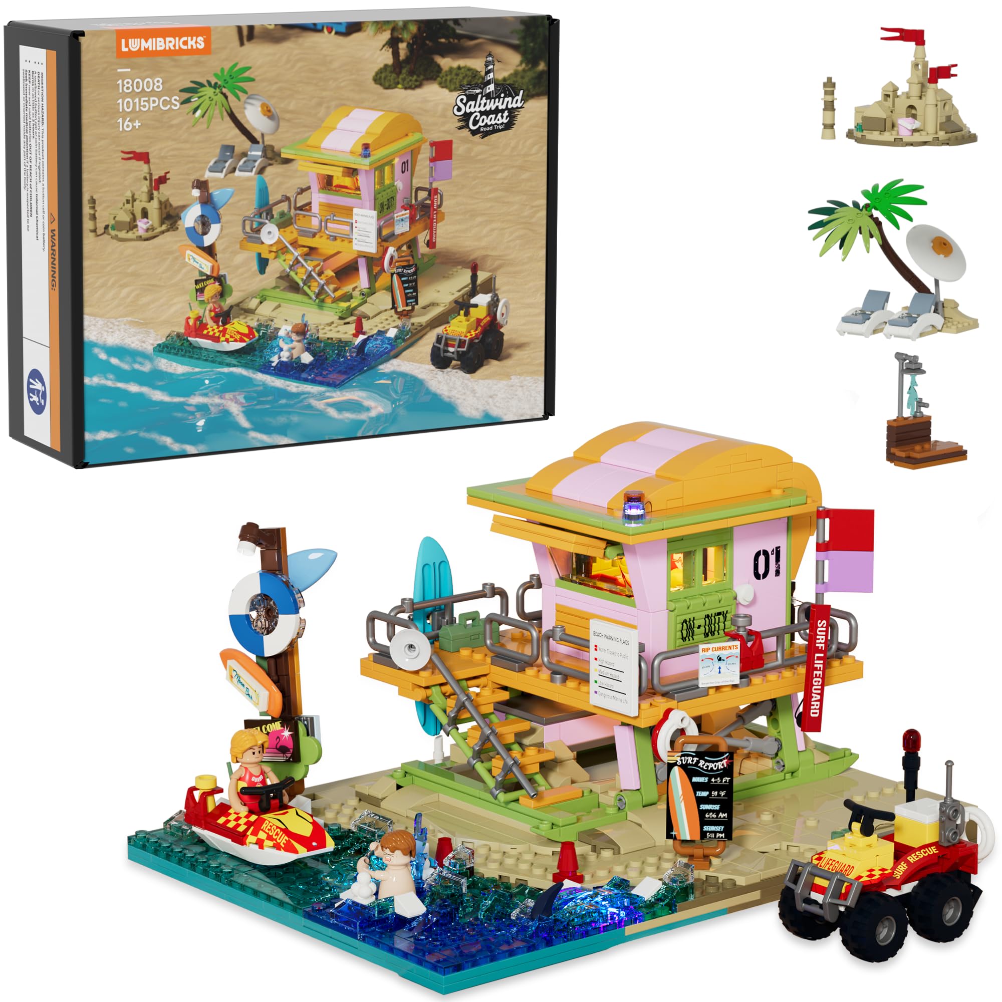 Lumibricks Beach Lifeguard Tower Building Blocks Set, 1015 Pcs Miami Beach Scene with 6 LED Lights, 2-in-1 Lifeguard Watchtower & Sandcastle Mode,Modular Coastal Display for Adults, Collectible Gift