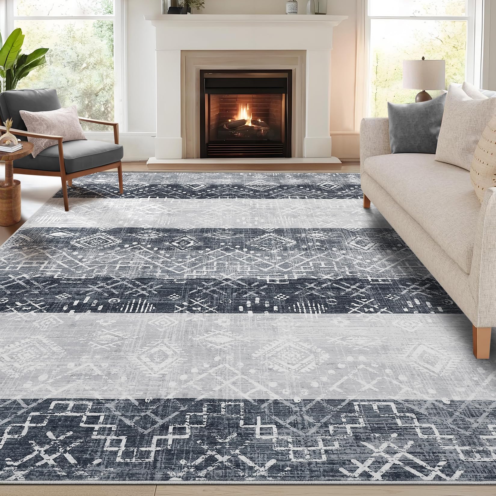 GarveeHome Living Room Rugs 8x10 Area Rug Large Washable Soft Geometric Carpets, Non-Slip Neutral Rugs Non Shedding Morden Indoor Floor Carpet for