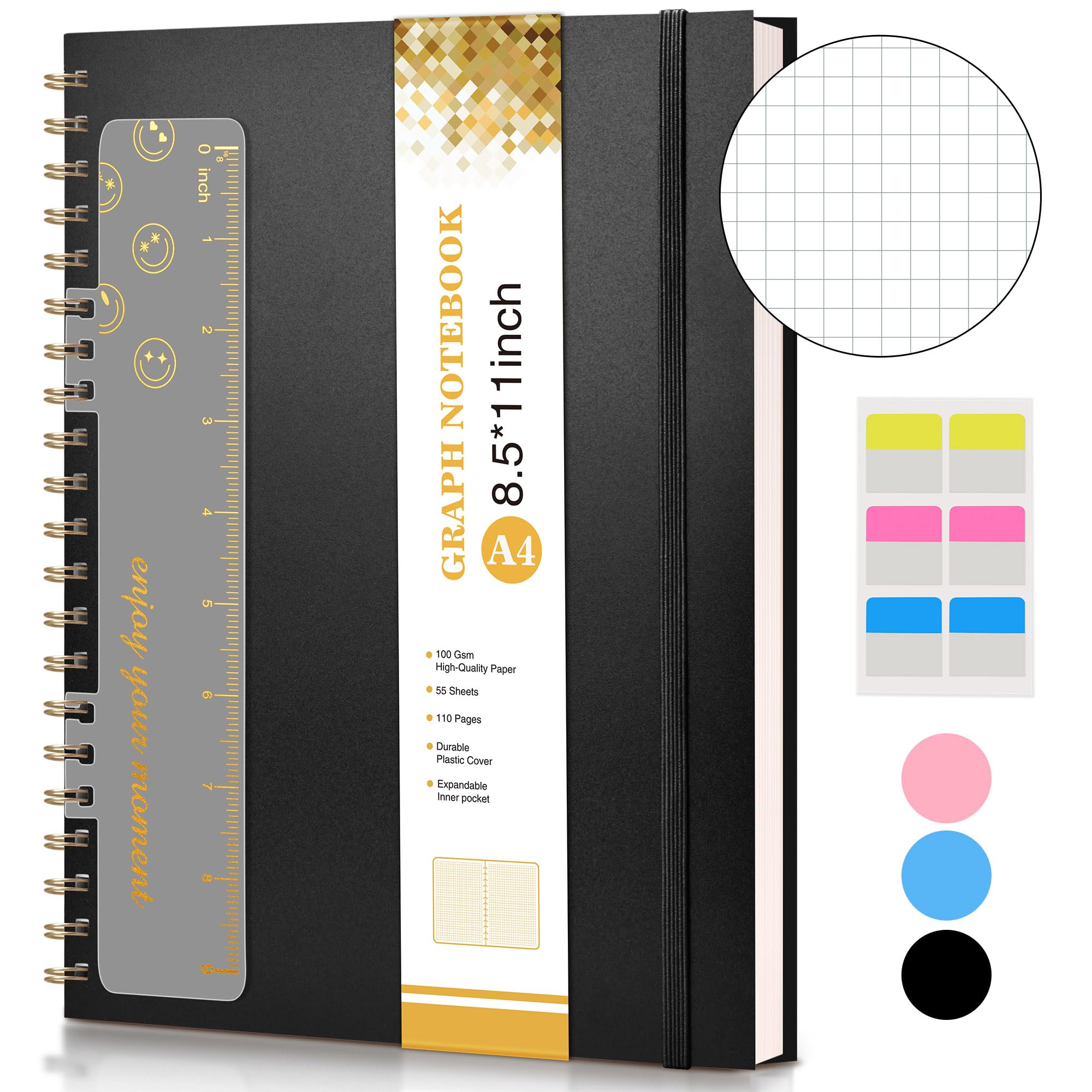 Graph Notebook Spiral Notebook Journal 8.5" x 11" A4 Large Grid Notebook for Women Men 100GSM Square Paper Plastic Hard Cover Spiral Graph Journal for Work School Engineers Black