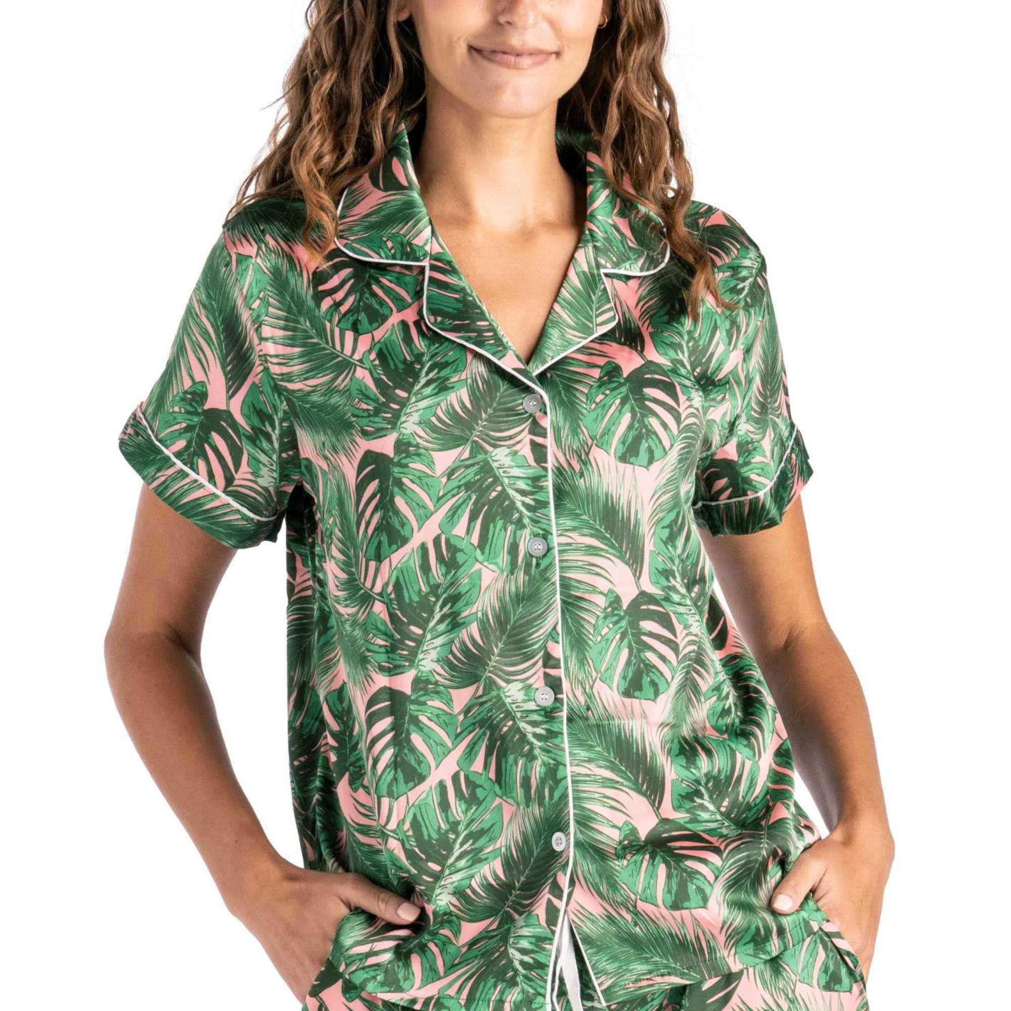 Hello Mello Pajama Top Satin Pajamas Short Sleeve Button-Down Silky Shirt for Women, Girl