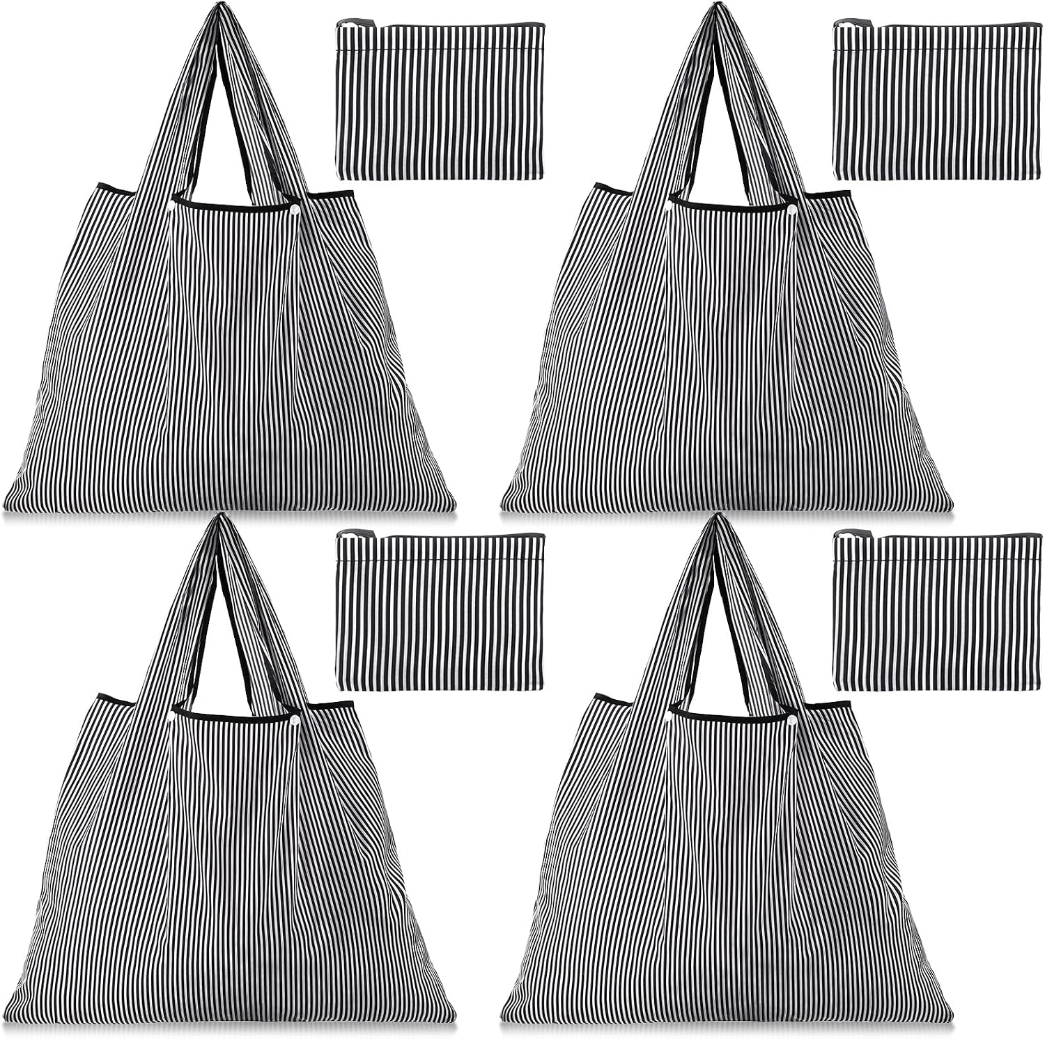 Paterr 4 Pcs Reusable Grocery Bags, Large Folding Tote Shopping Bag Fits in Pocket, Stripe Portable Washable Waterproof Polyester Pouch Bags