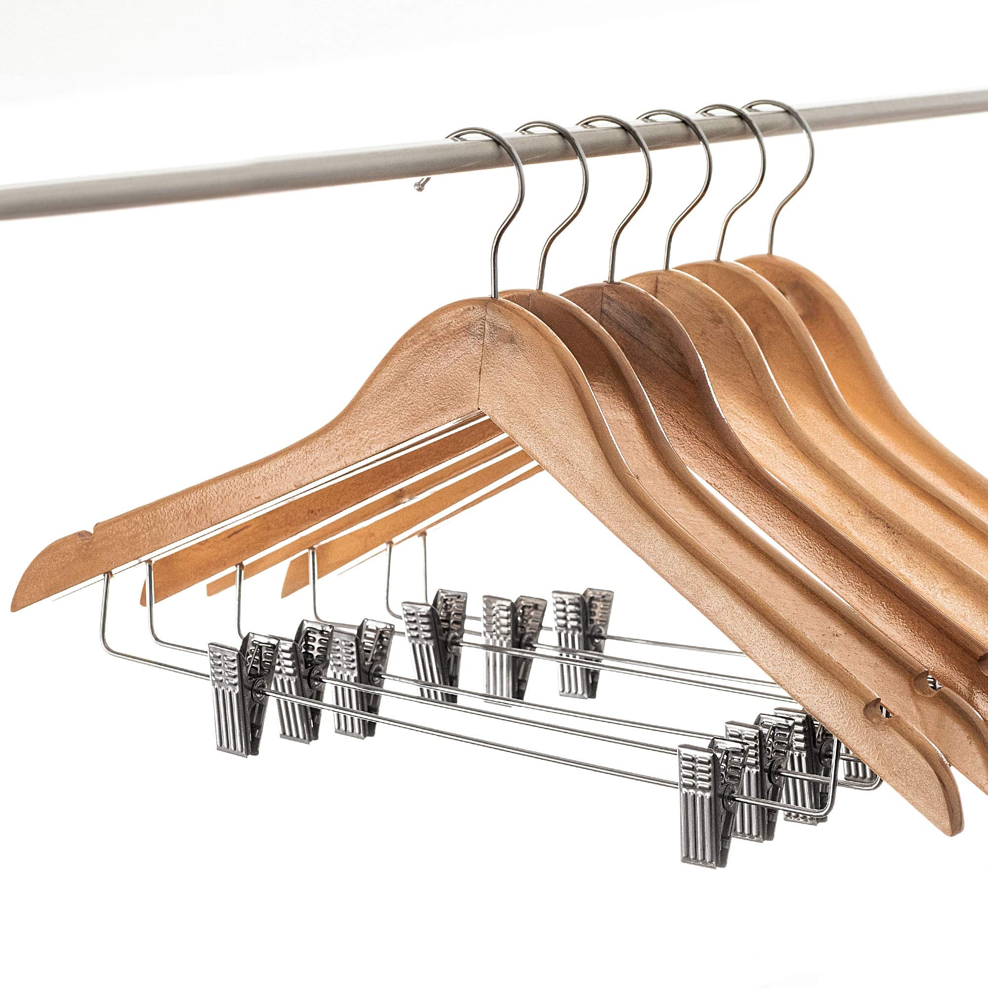 KADAX 12er Set Kleiderbügel aus Holz, mit Klemmen aus Metall, Zwei Einkerbungen, 360°drehbarer Haken, Garderobenbügel für Kleidung, Hosen, Hemd, Rock, Anzug, Jackenbügel, rutschfest (Modell 2)
