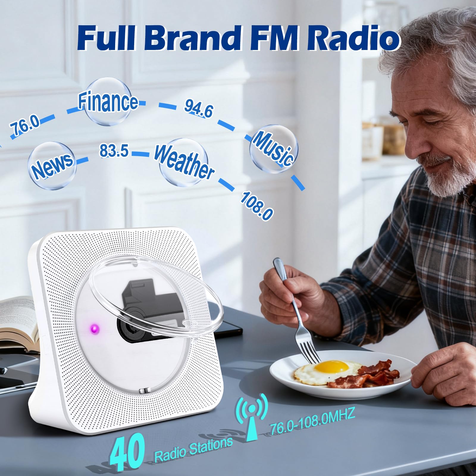 Lecteur CD Bluetooth Portable avec Radio FM, Haut-Parleurs Double, USB/AUX, Télécommande