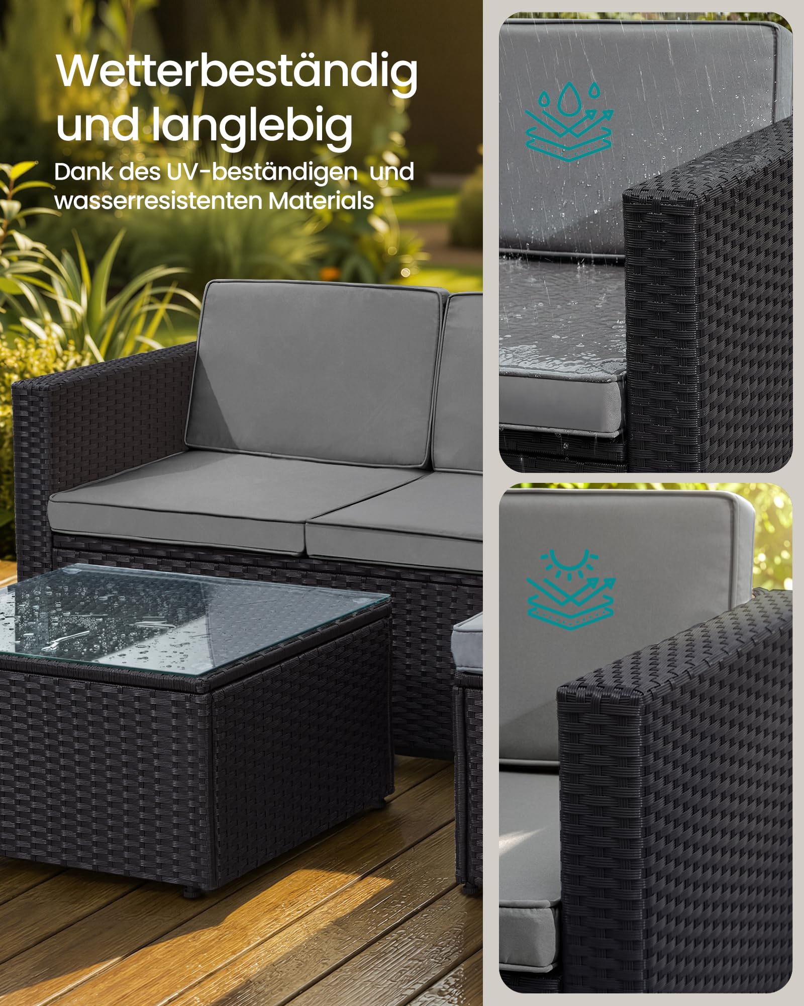 SONGMICS Gartenmöbel-Set, Balkonmöbel aus PE-Polyrattan, Terrassenmöbel, Ecksofa, Outdoor, handgeflochtenes Rattan, Lounge-Set, mit Kissen und Glastisch, schwarz-grau GGF005B04