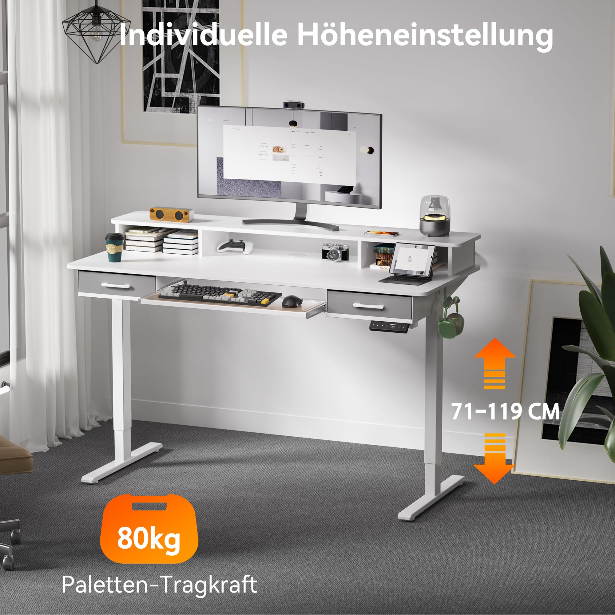 WALKINGDESK Höhenverstellbarer Schreibtisch 160 x 60 cm, Weiß | Elektrischer Stehschreibtisch mit Tastaturablage, 2 Schubladen, Computertisch mit Monitorständer für Homeoffice