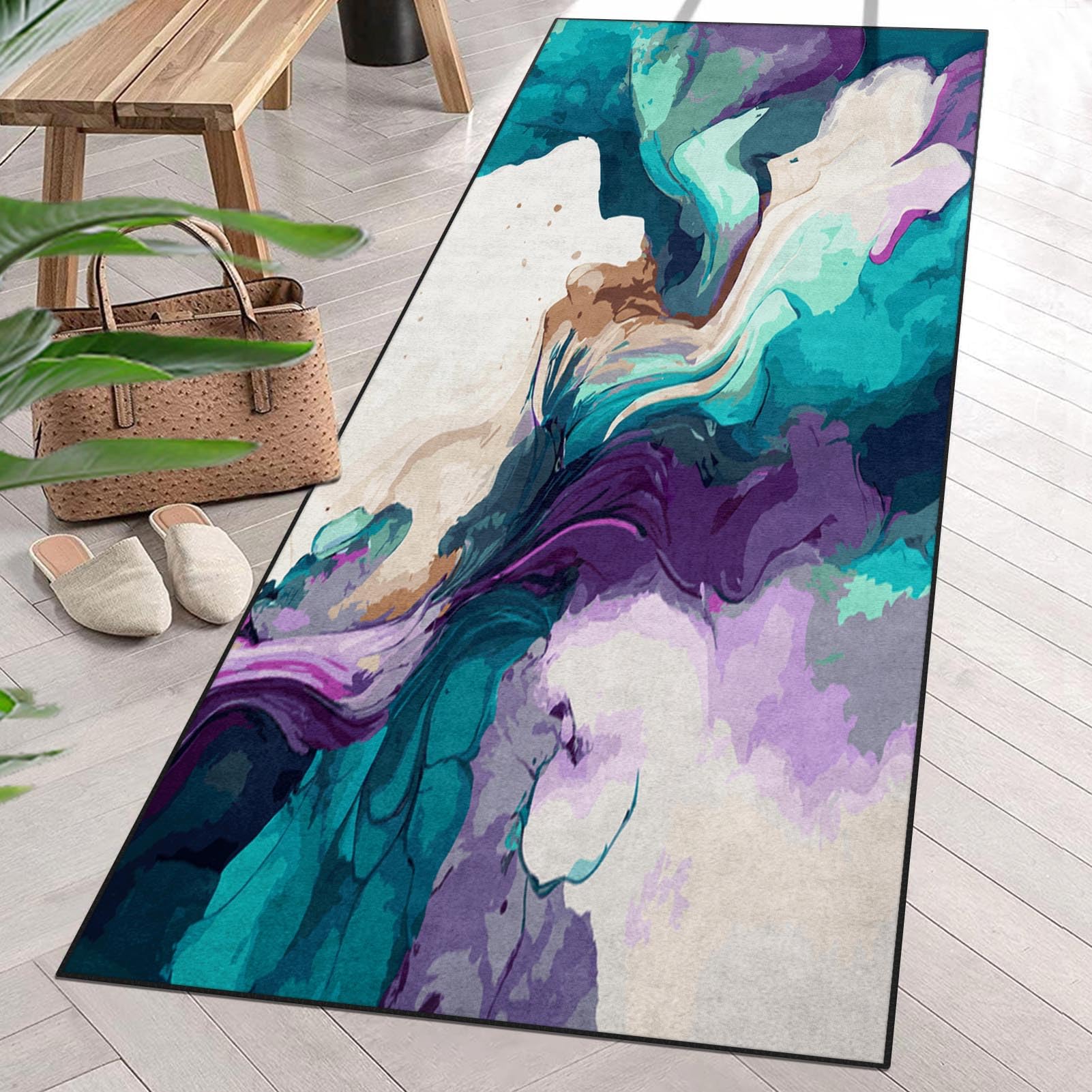 Tapis de couloir marbré bleu 0,6x1,8m lavable et antidérapant pour entrée