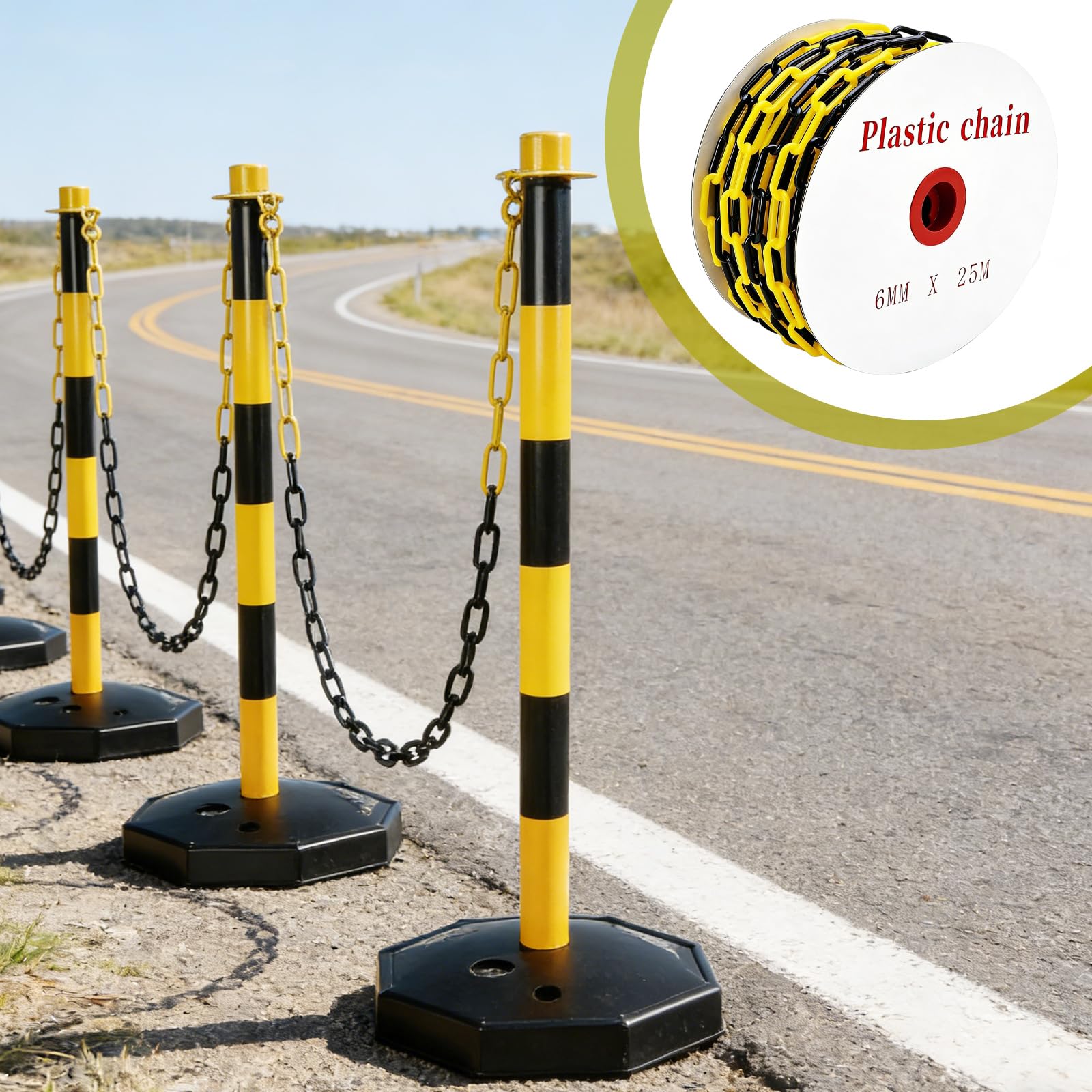 Produktbild von Erzekrim Absperrkette Gelb-Schwarz – 25 M Kunststoffkette Mit 4 Karabinern, Wetterfest, Leicht & Flexibel Für Baustelle, Parkplatz & Warteschlangen