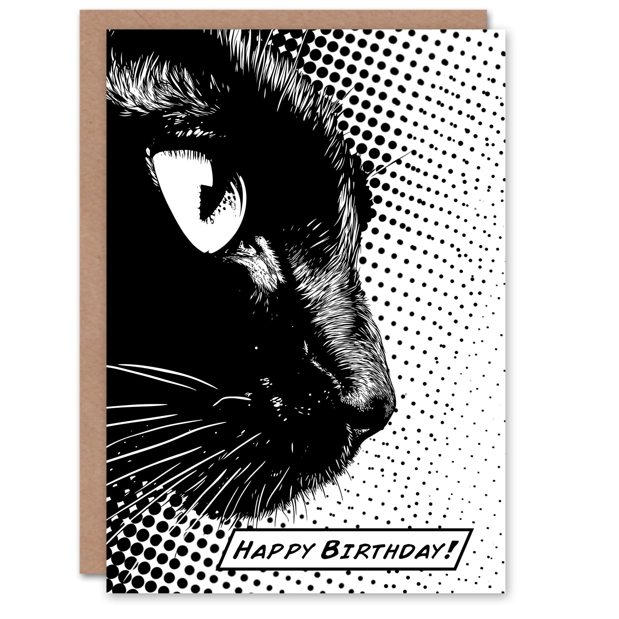Artery8 Birthday Card Pop Art Cat Black and White Comic Animal Lover For Him Her Man Woman Girl Boy Wife Husband Greeting Card