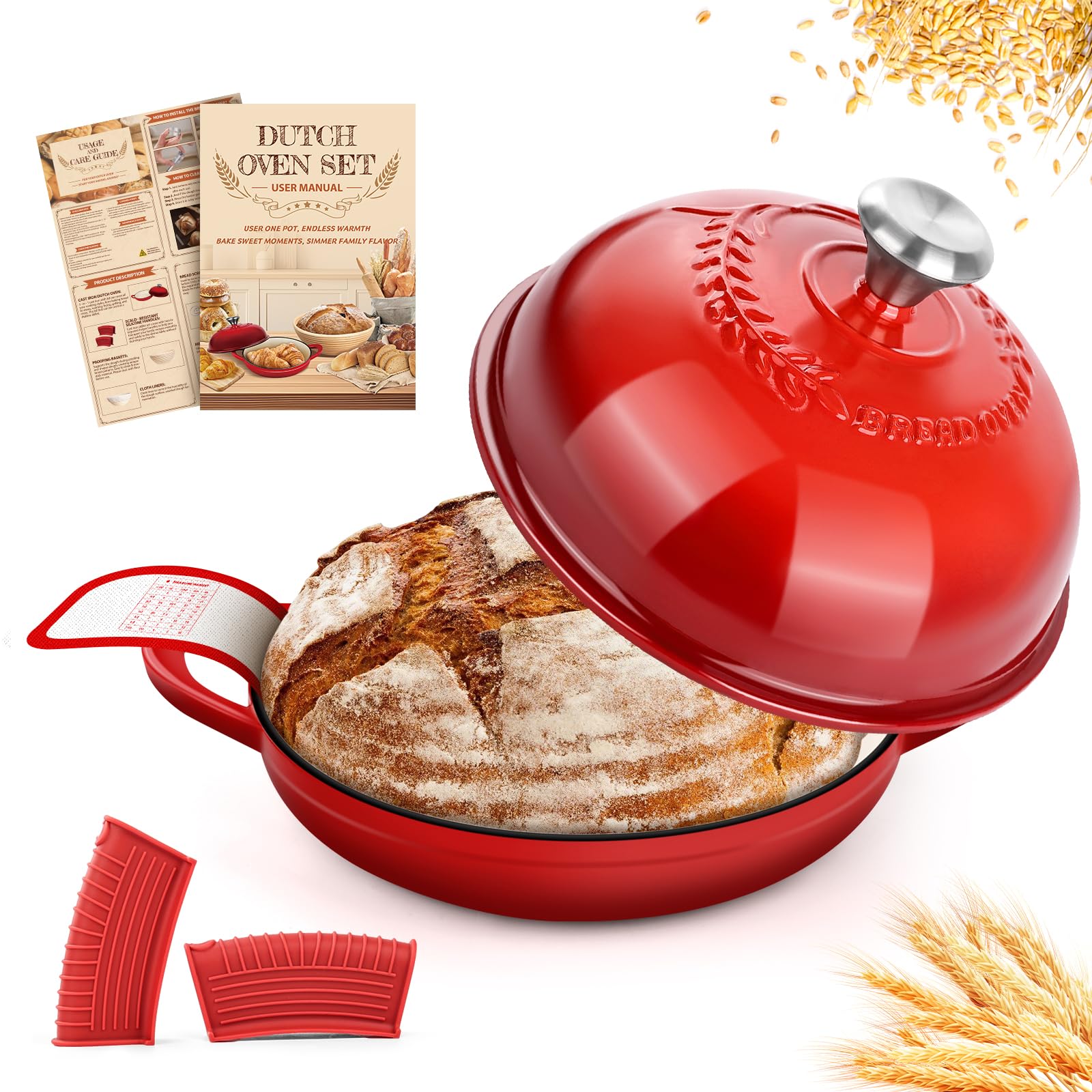 NZQXJXZ Cocotte en Fonte Émaillée, 26cm Cocotte Panier de Levage de Pain Banneton, Batterie de Cuisine Robuste pour Braiser Ragoûts Rôtir Pain, Couvercle Relief