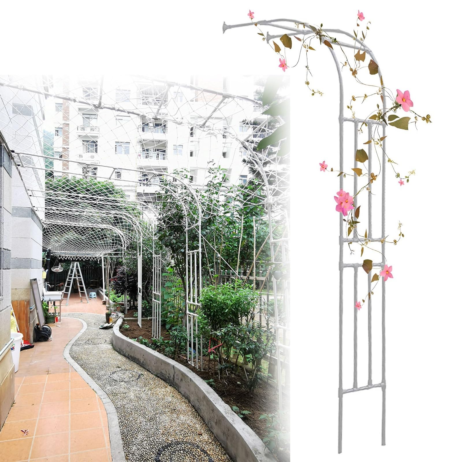 Treillis d'arche de jardin en métal pour plantes grimpantes – Support élégant de rose, 120 x 240 cm, design blanc pour vigne et décoration de jardin, arches extérieures durables pour l'aménagement