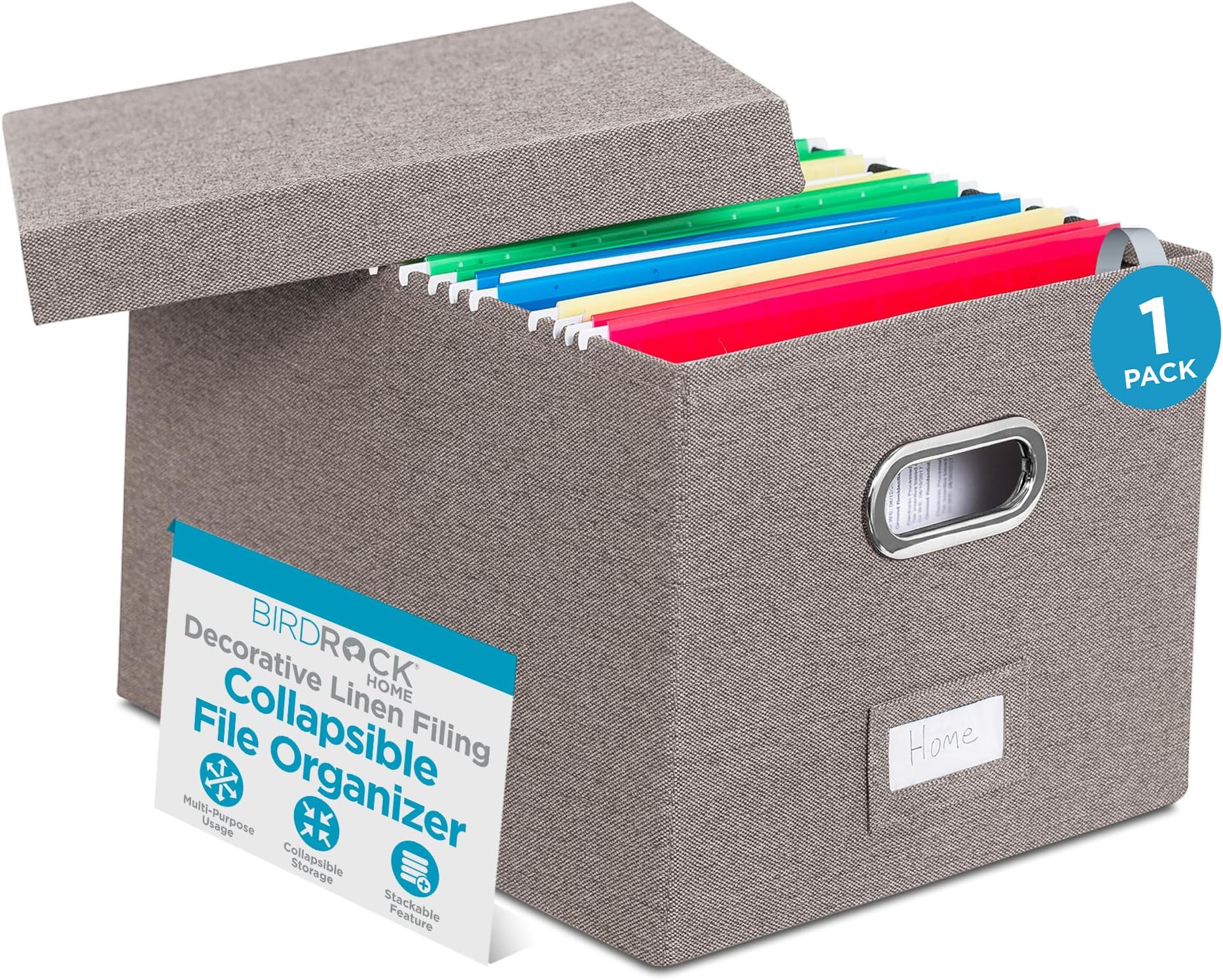 Internet's Best Collapsible File Box Storage Organizer with Lid - Decorative Linen Filing & Storage Office Boxes – Hanging Letter/Legal Folder – Home Office Bins Cabinet – Grey Container - 1 Pack