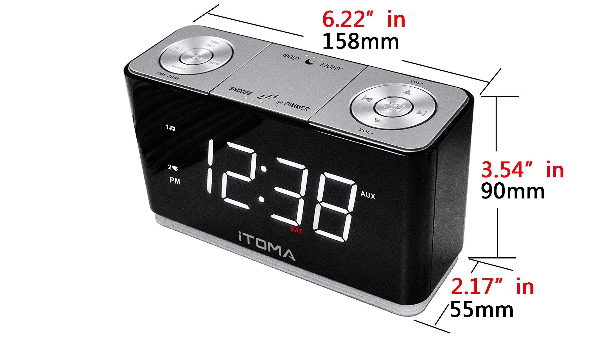 iTOMA CKS507 budzik radiowy ze sterowaniem za pomocą aplikacji, Bluetooth, duży wyświetlacz LED, radio FM, podwójny alarm, port ładowania USB, budzik, lampka nocna, ściemniacz, drzemka, timer snu