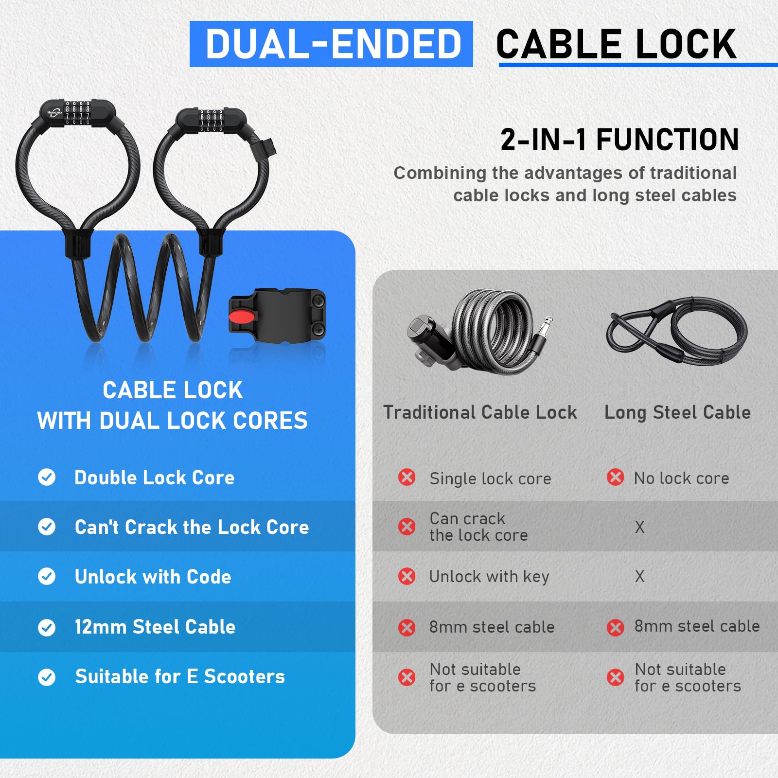 Lucchetto Per Monopattino E Bici 105 Cm - Doppia Testa, Combinazione, Cavo Acciaio Ispessito 12 Mm - Foto 12