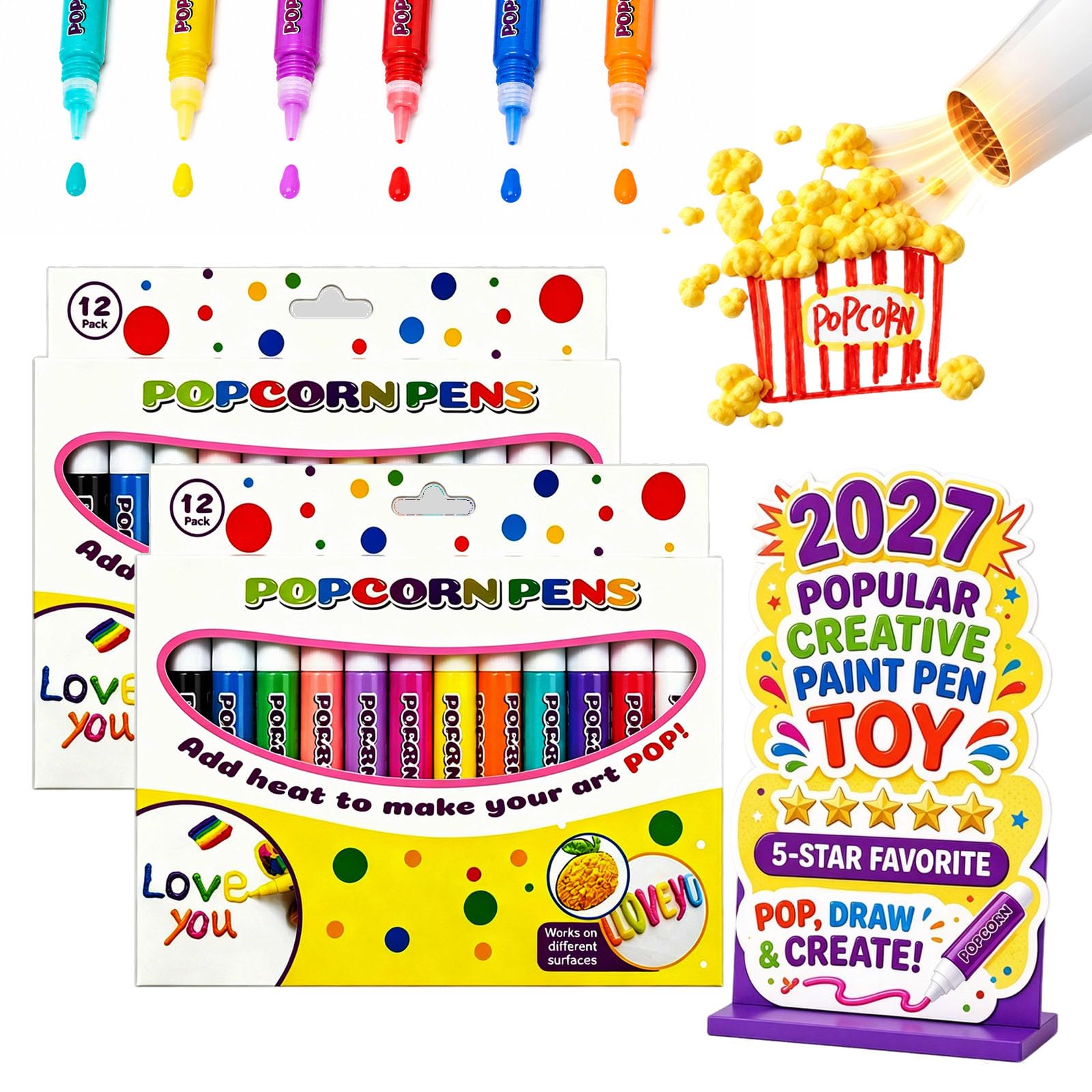pluffy Magic Popcorn Pen, DIY Bubble Popcorn Drawing Pens, 3D Puffy Embellish Decorate Graffiti Stationery for Greeting Birthday Cards Kids Christmas (12-colors-2pcs)