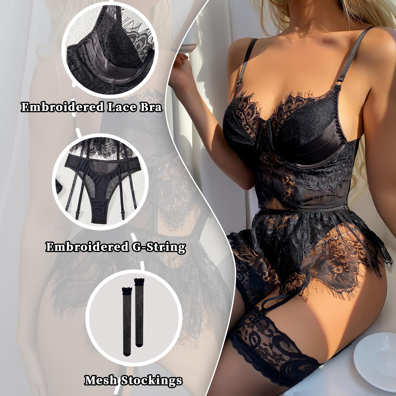 ssgrlvok Sexy Lingerie 3 Piece Set Women Lace Bodysuit with G-String and Stockings Push Up Bralette Sheer Mesh Cute Outfits: Yy583-black Medium