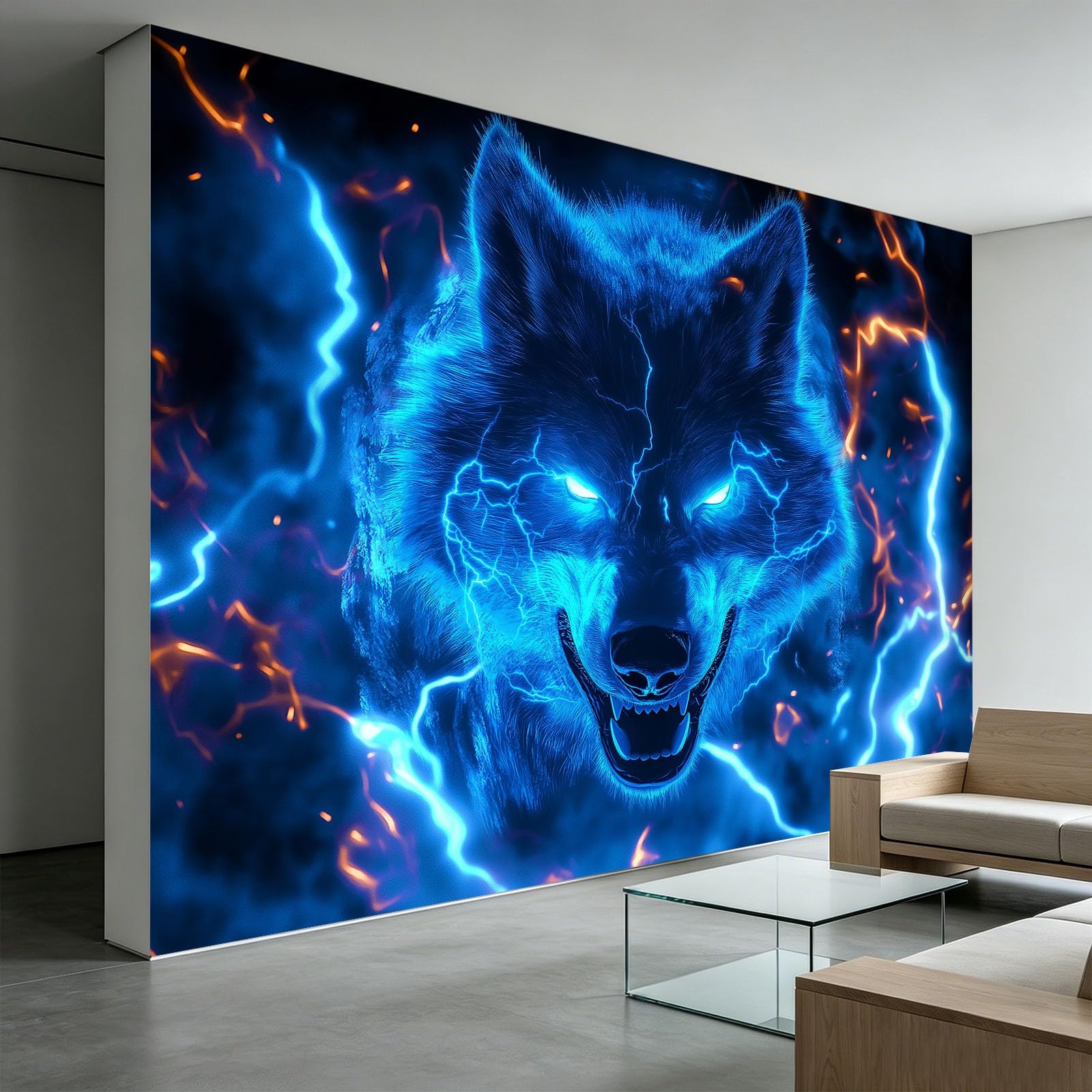 Générique Panoramiczna tapeta 3D 250 x 175 cm nieryczne zwierzęta wilk świecące tapety z włókniny, plakat ścienny do salonu, dekoracji pokoju dziecięcego, łatwy montaż, niebieska