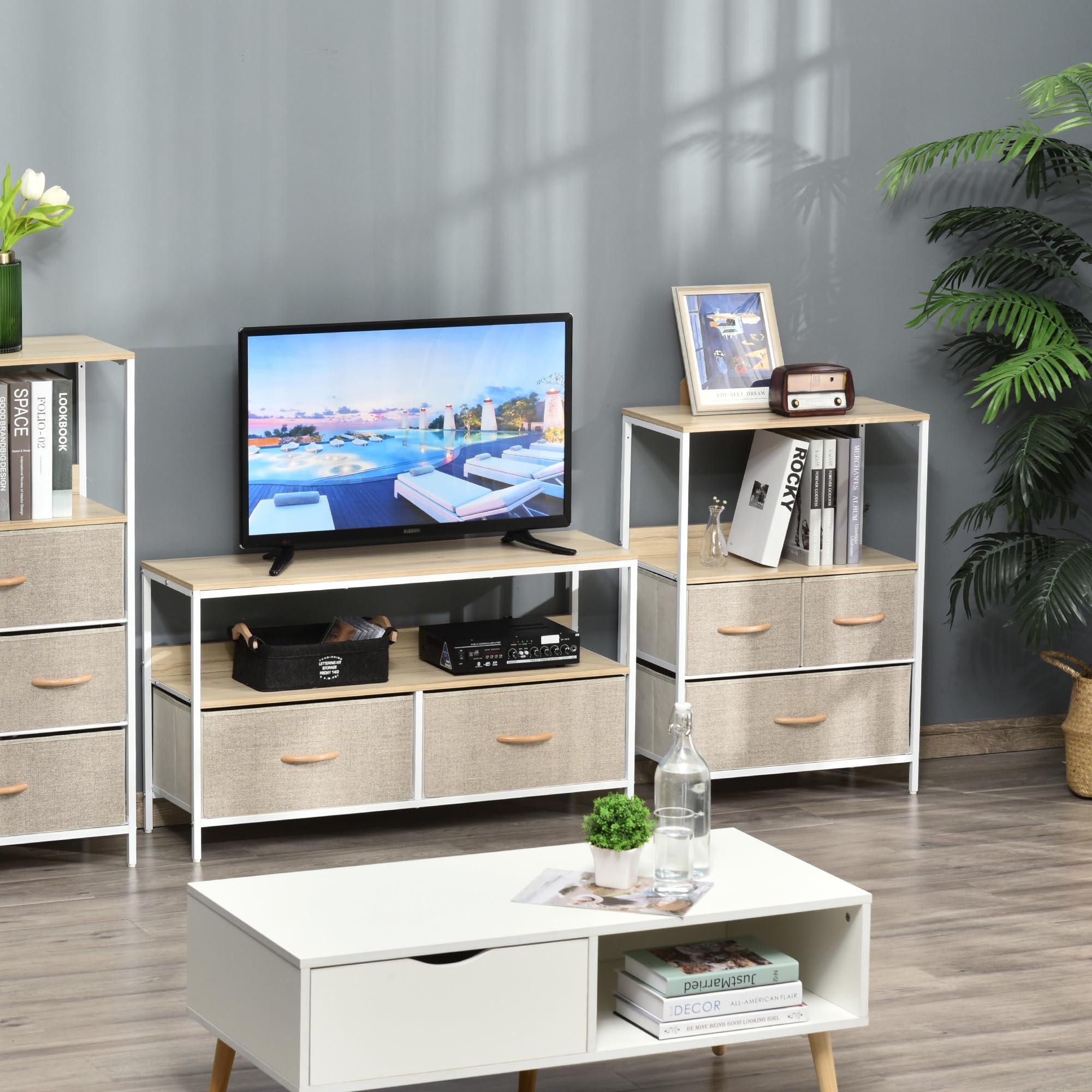 HOMCOM Commode 3 Tiroirs Tissus 58L x 29P x 81,5H cm Naturel et Métal Blanc