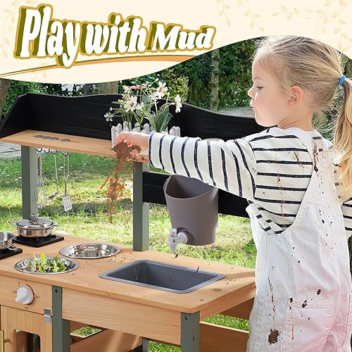 Miniatura 3 de ROBOTIME Cocina de barro para niños al aire libre, cocina de madera al aire libre con caja de observación de insectos y jardinera, cocina de juego