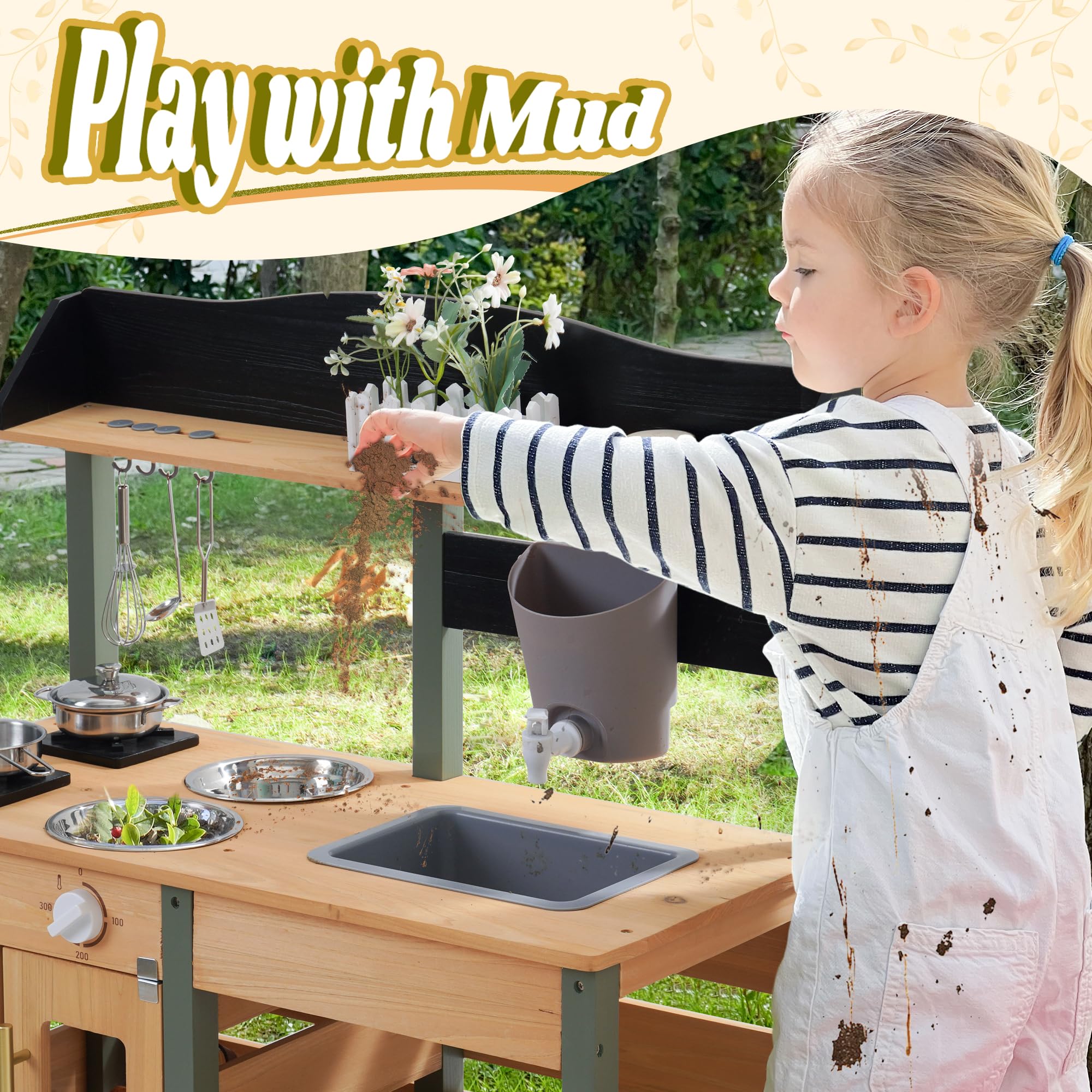 ROBOTIME Mud Kitchen, Grande Cuisine d'Extérieur Deluxe pour Enfants, Jeu de Cuisine en Bois avec bac à Eau, évier de Jardin, bac de Plantation et Accessoires, Jeu de Prétendus pour Garçons Filles 3+