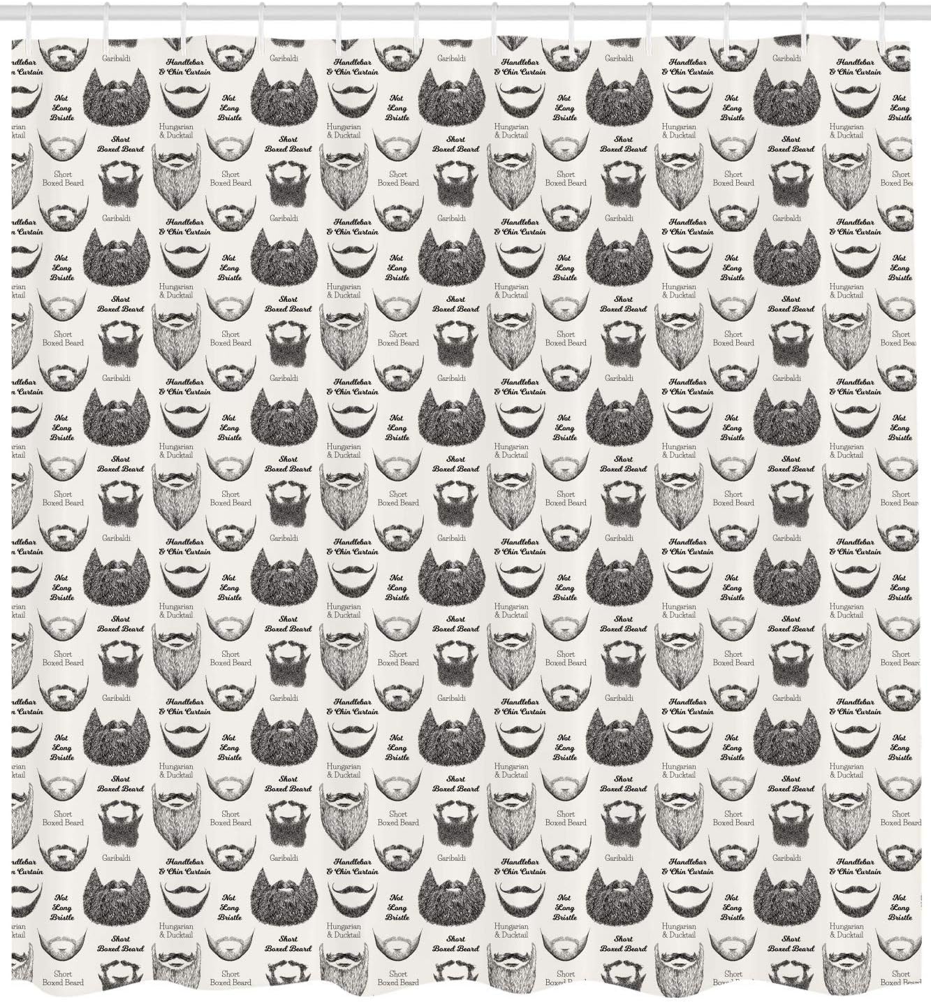 Ambesonne Human Anatomy Shower Curtain, Various Beards and Mustaches Type Hand Drawn Inspired Illustration, Cloth Fabric Bathroom Decor Set with Hooks, 69" W x 70" L, White and Dark Grey