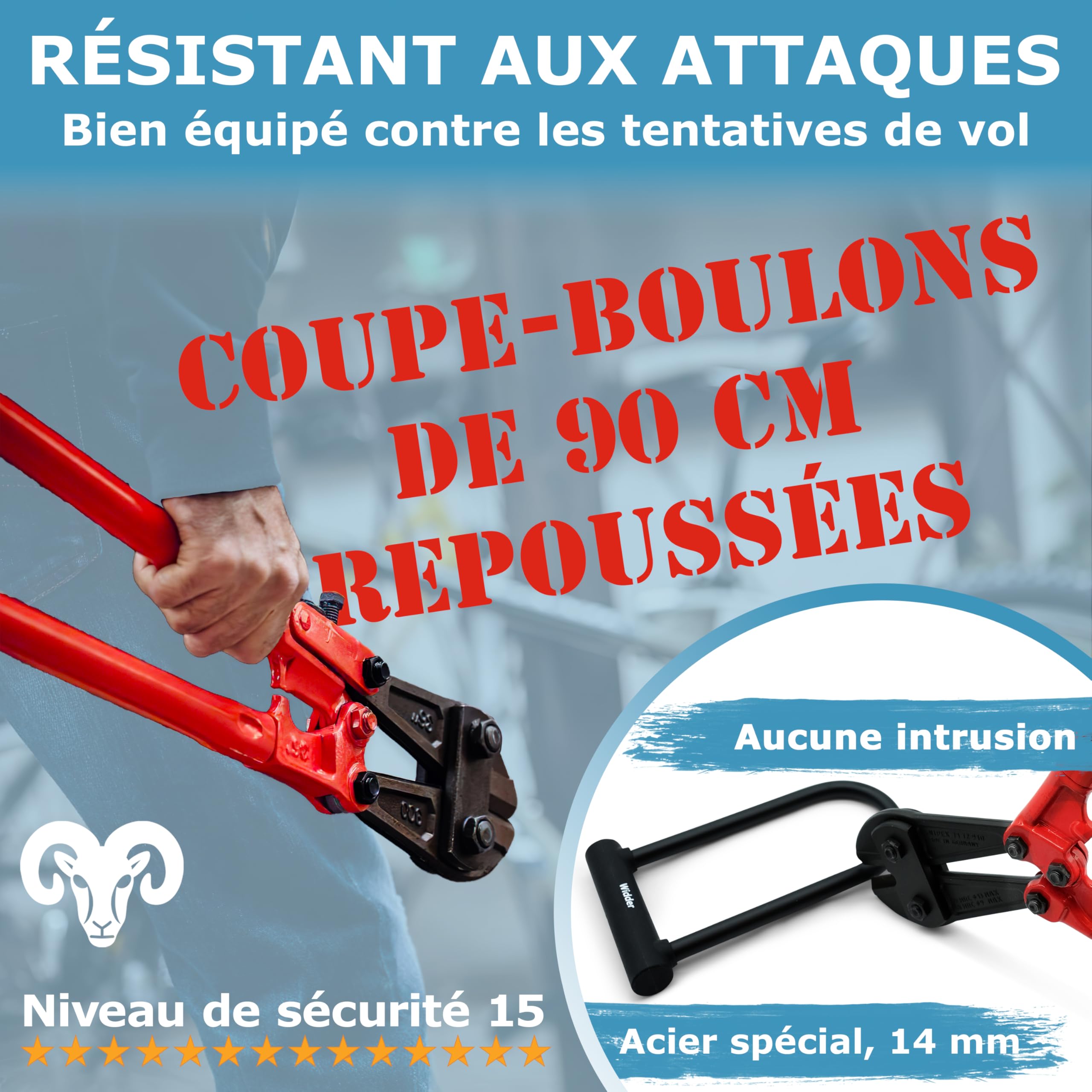 WIDDER Antivol U vélo extrêmement sûr – Acier chromé Niveau de sécurité 15 | Arceau massif 18 mm – Antivol velo 64 cm de circonférence avec Support & 3 clés – Antivol e‑Bike & e‑Scooter U