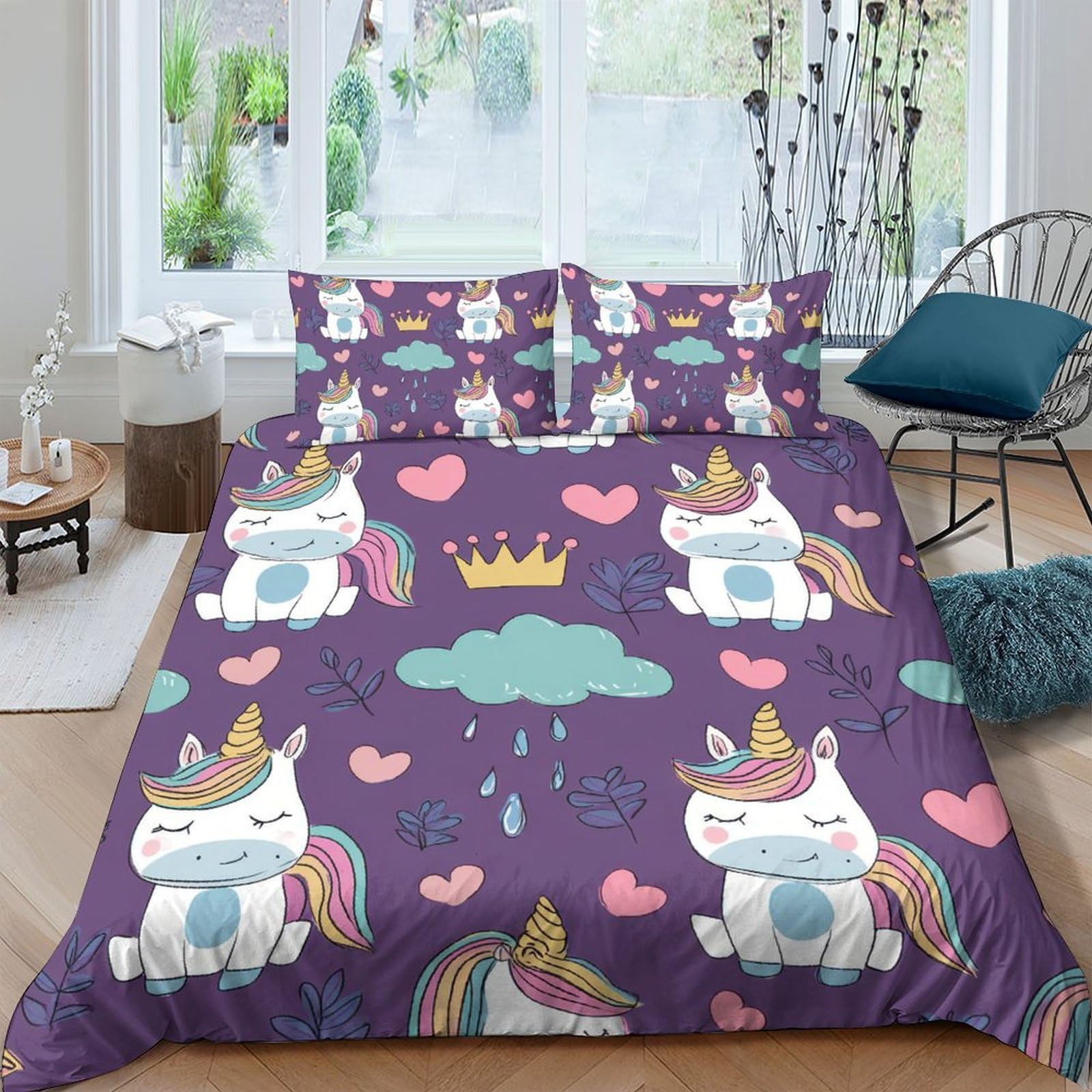 Ctjqhvkz Style-7 3D Printed Cute Unicorn Fitted Sheet Microfiber Purple Cartoon Hearts Cloud Bed Cover For Bedroom Dorm Mattress Decor Single（135X200cm）