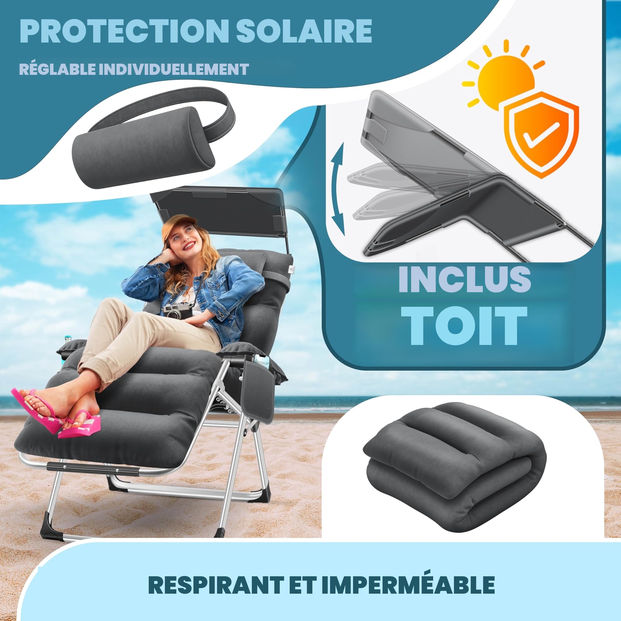 KESSER® Transat XXL - pliable, résistant aux intempéries, capacité 200 kg, revêtement ergonomique, dossier réglable, porte-gobelets et coussin pour les bras, avec auvent - Anthracite