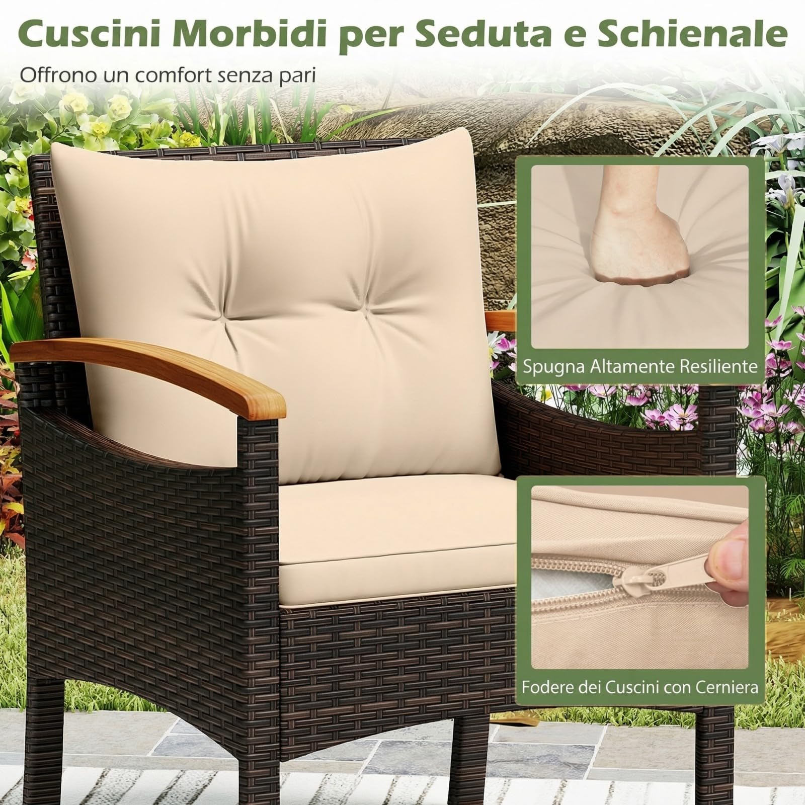 SOARS Salotto da Giardino in Rattan PE, Salottino da Esterno 3 Pz, 2 Poltrone con Braccioli e Schienale, 1 Tavolino con Piano in Legno Massello, per Terrazzo, Balcone, Patio (Marrone+Beige)