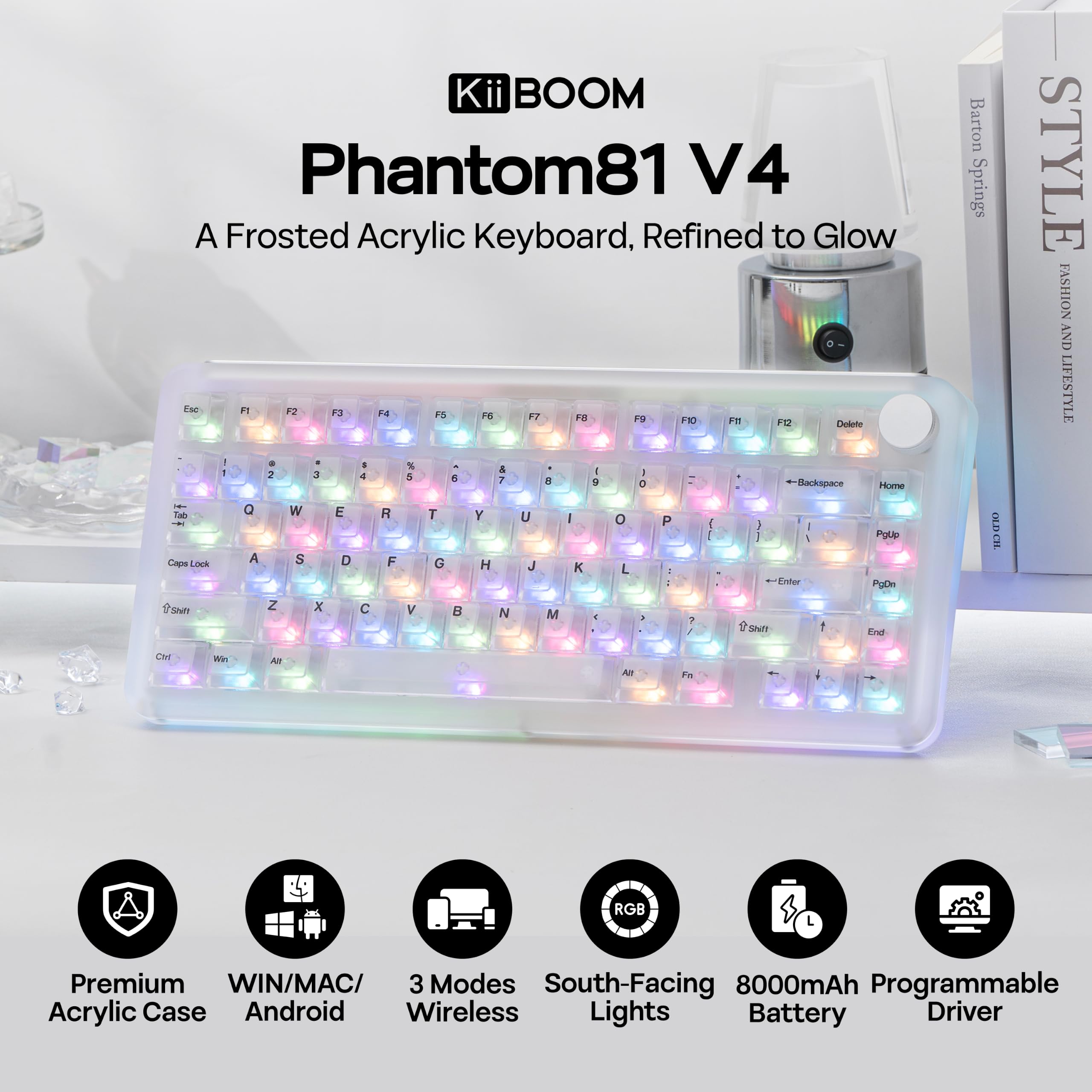 KiiBoom Phantom81 V4 Clavier mécanique en acrylique semi-transparent, joint crémeux, 75 % sans fil, avec batterie de 8 000 mAh, RVB, remplaçable à chaud, Shine Through, NKRO, Win/Mac (transparent)