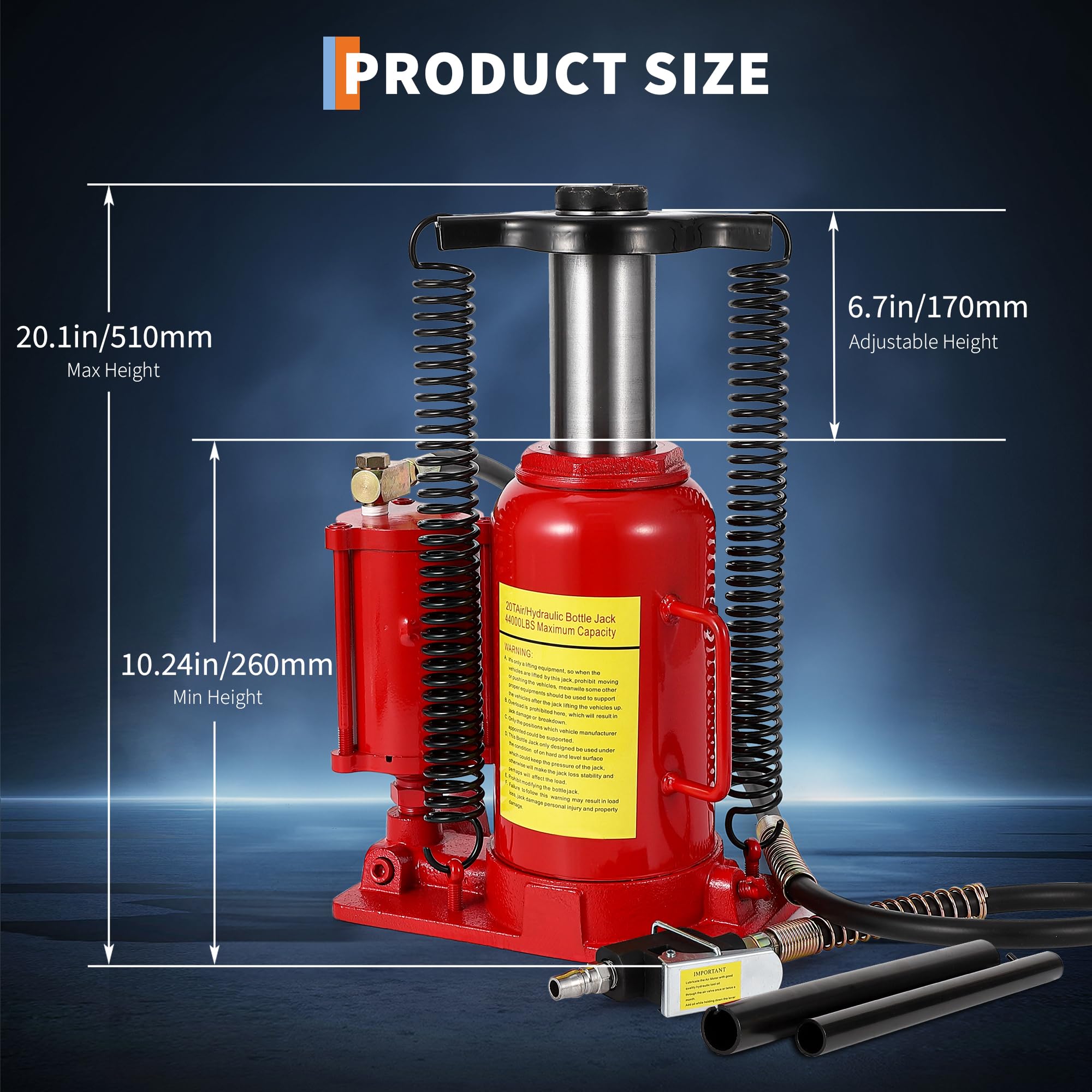 Cric Idraulico a Bottiglia Pneumatico 20T – Profilo Basso – Doppio Azionamento Manuale/Aria – Struttura Saldata Anti-Perdita – Valvola di Sicurezza – Sollevamento 260-510 mm – Modello 8004
