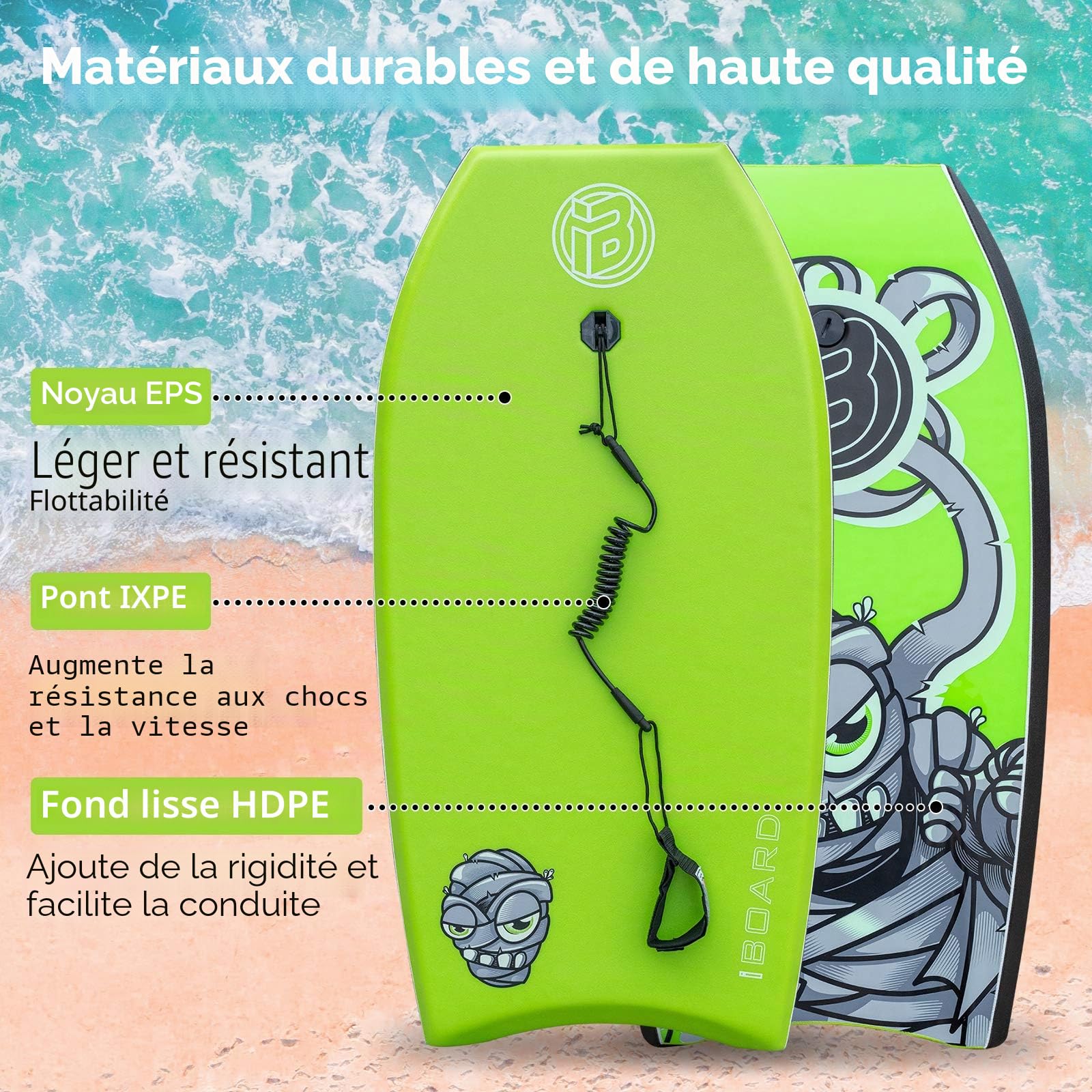 Body Board, bodyboard léger de 94 cm avec noyau en EPS, laisse de qualité supérieure et sangle de poignet pour adultes et adolescents