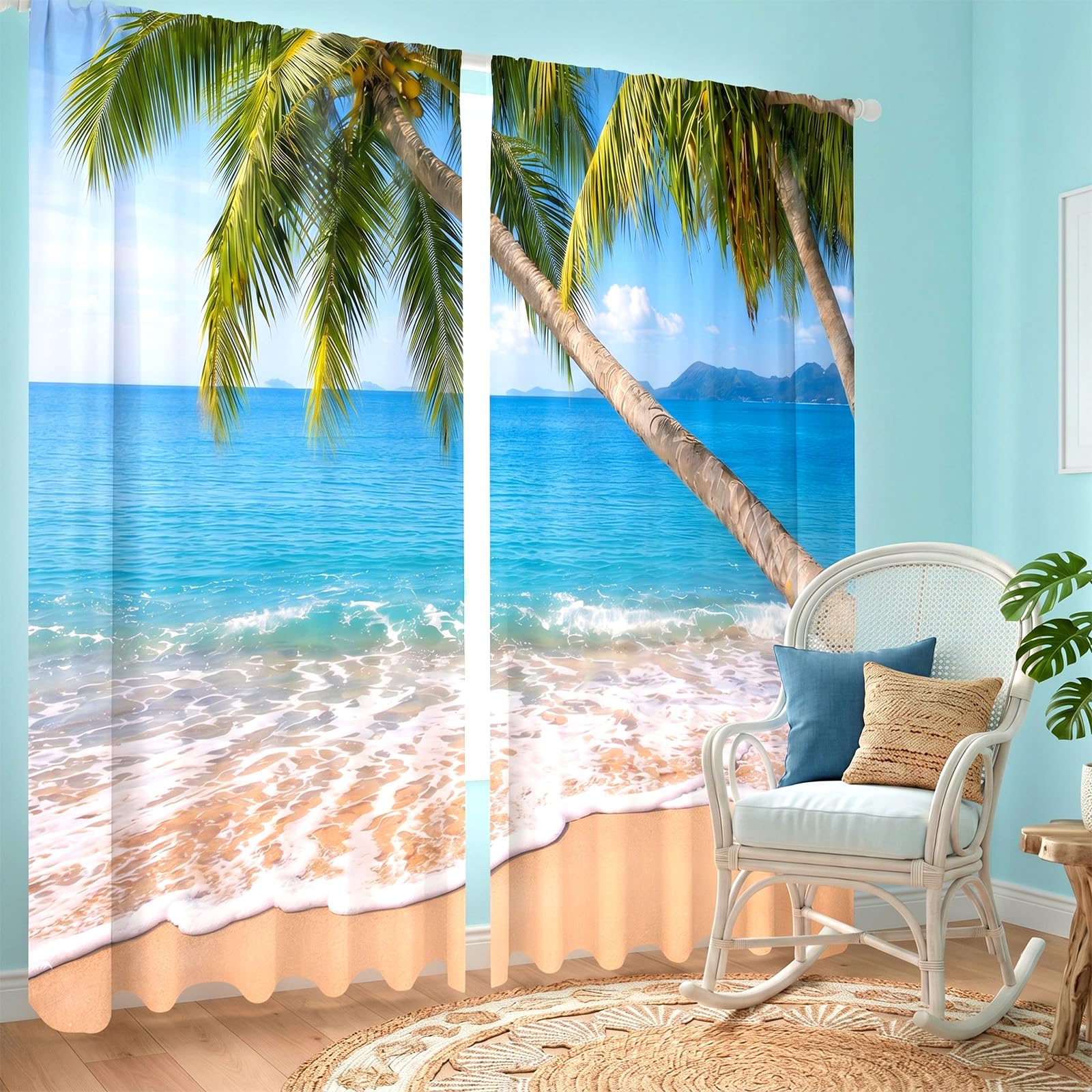 SmoothNovelty 2 Pcs Beach Curtains for Living Room Tropical Ocean Summer