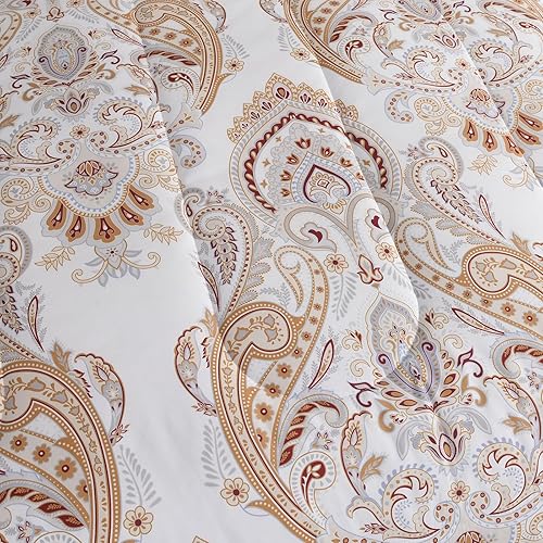 Miniatura 5 de HYPREST Edredón con estampado de cachemira, 3 piezas, edredón de granja, ultra suave, blanco y marrón, juego de edredón bohemio