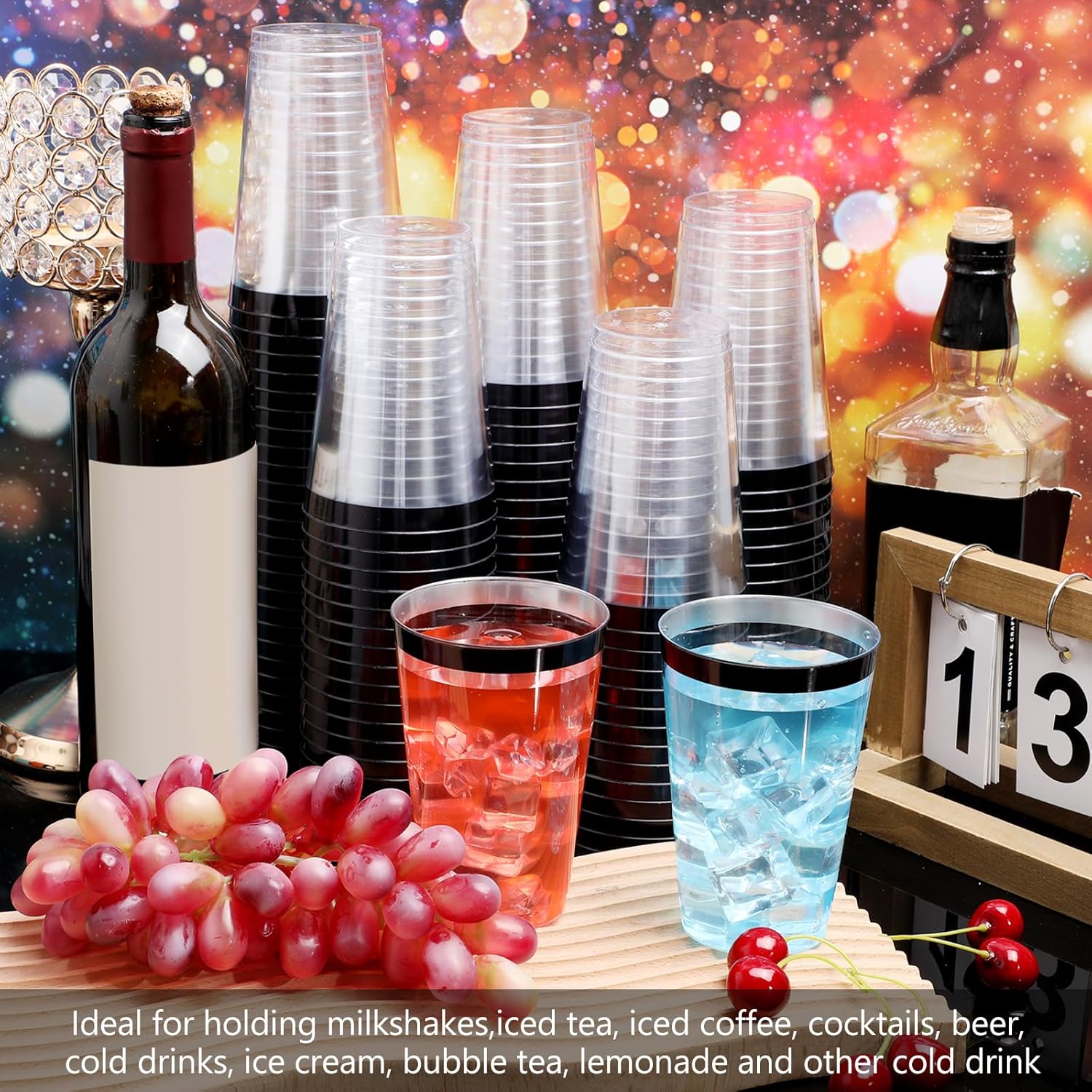 Norme 50 Pcs 14 oz Rimmed Plastic Cups Disposable Clear Cups with Rim Fancy Holiday Drinking Holder 2026 Graduation Party Favor Container Wine Glasses Tumblers for Wedding Valentine's Day(Black)