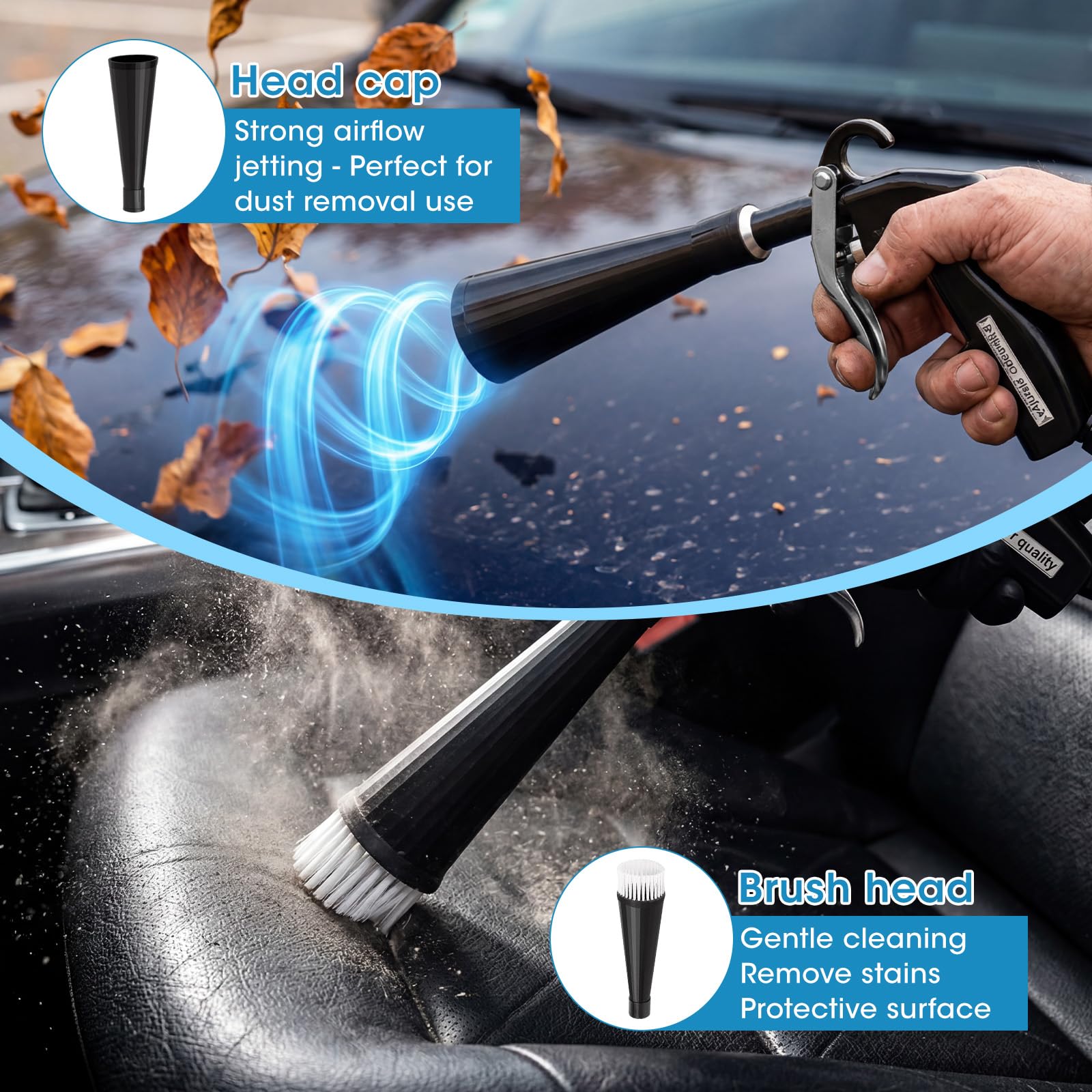 Pistola Aria Compressa per Auto, Asciugatura Rapida con Ugello Turbo e Spazzola, Soffiatore di Precisione per Sedili, Cerchi, Motore, Tessuti, Pelle e Pulizia Interni