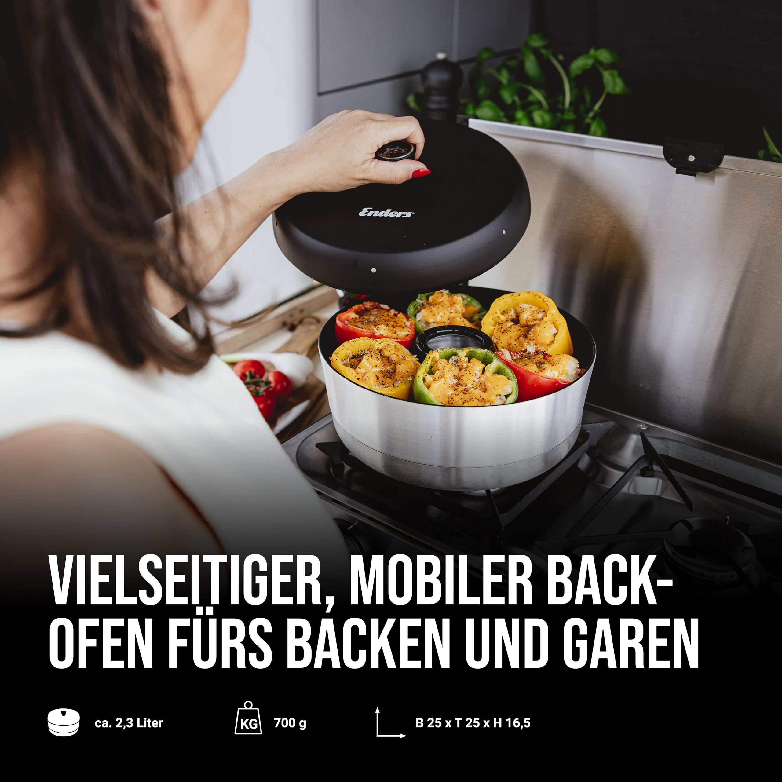Enders® Mobiler Camping-Backofen VAMO™, für Backen, Garen und Kochen, kompatibel mit Kochern, Grills oder Herdplatten - außer Induktion, Fassungsvermögen ca. 2,3 Liter, integriertes Thermometer #6866