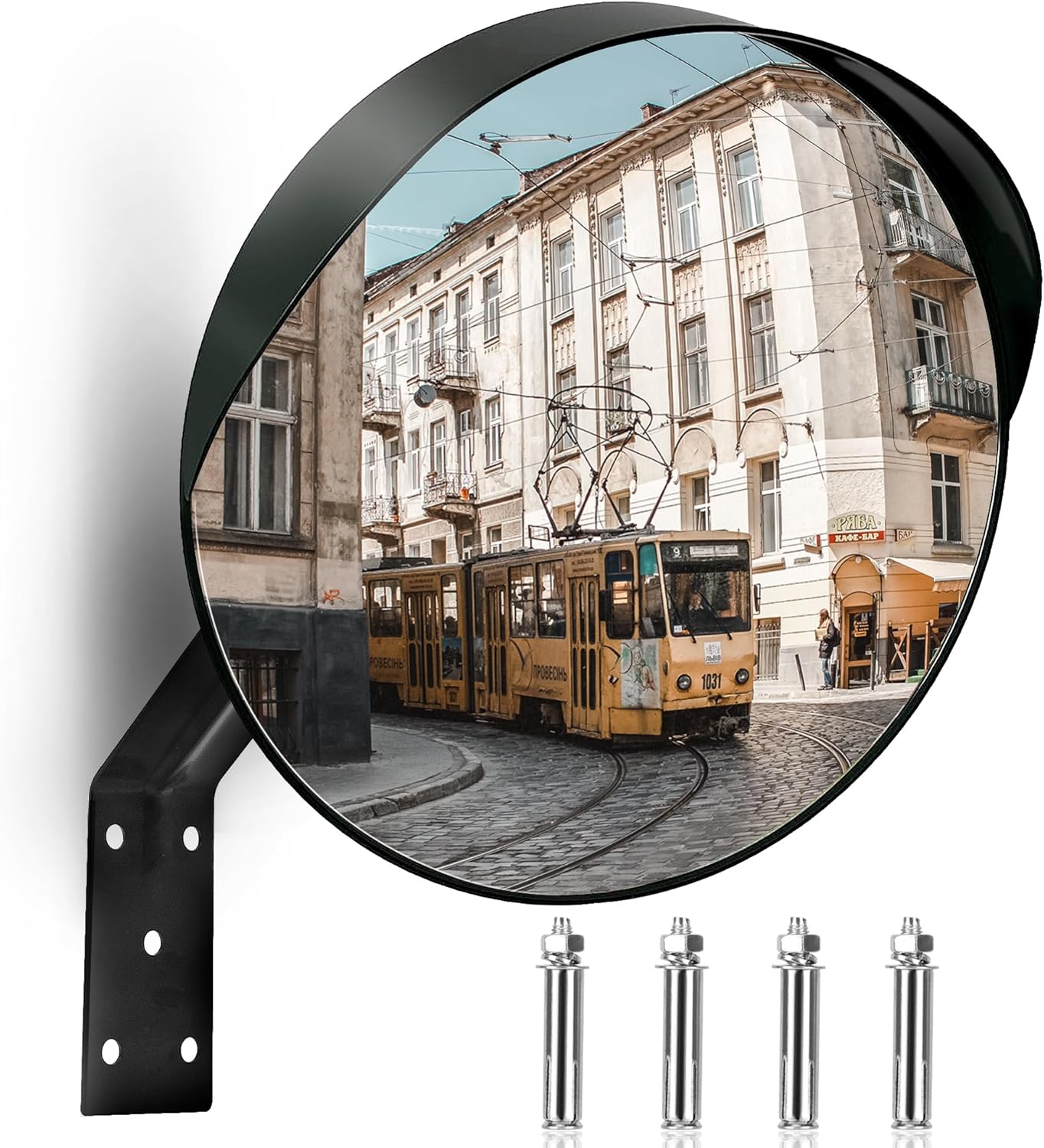 18-Inch Convex Security Corner Mirror - Adjustable Fixing Bracket, Wide Angle, Indoor and Outdoor Use - Ideal for Warehouse, Office, Industrial Areas, Parking Garage, Alleys and Driveways 18 Inch Outdoor Black