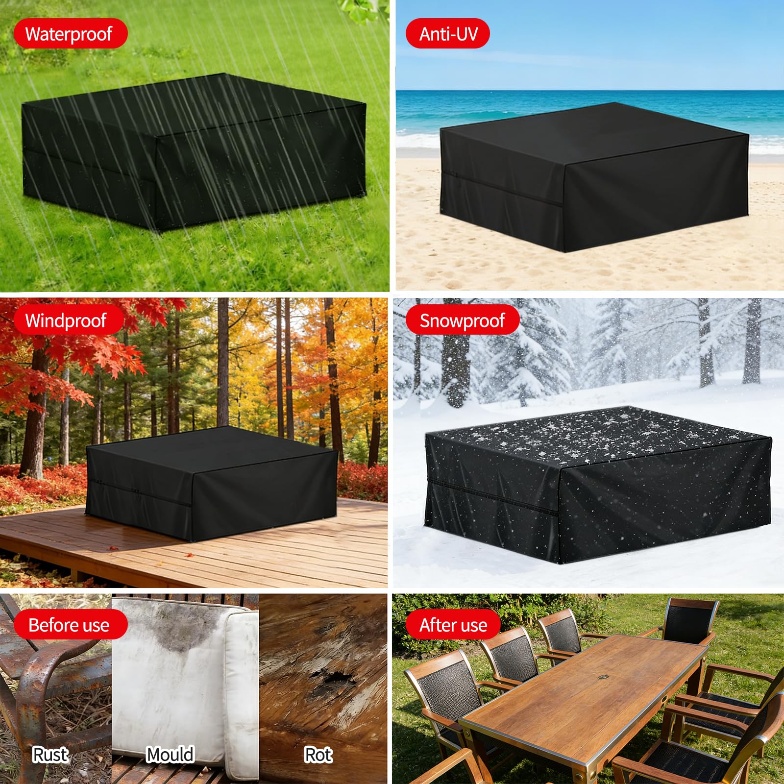 Copertura per Mobili da Giardino, 250 x 250 x 90 cm, Impermeabile Tessuto Oxford 420D Antivento Anti-UV Copertura Tavolo Esterno con Prese d'Aria, per Mobili da Giardino, Divano, Nero