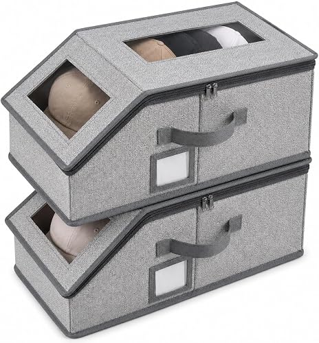 Hat Storage 2pcs Light Grey Hat Organizer Box with Clear Window | Flip-Top Access Space-Saving Hat Box with Handle Fits Baseball Caps for Closet Breathable Fabri