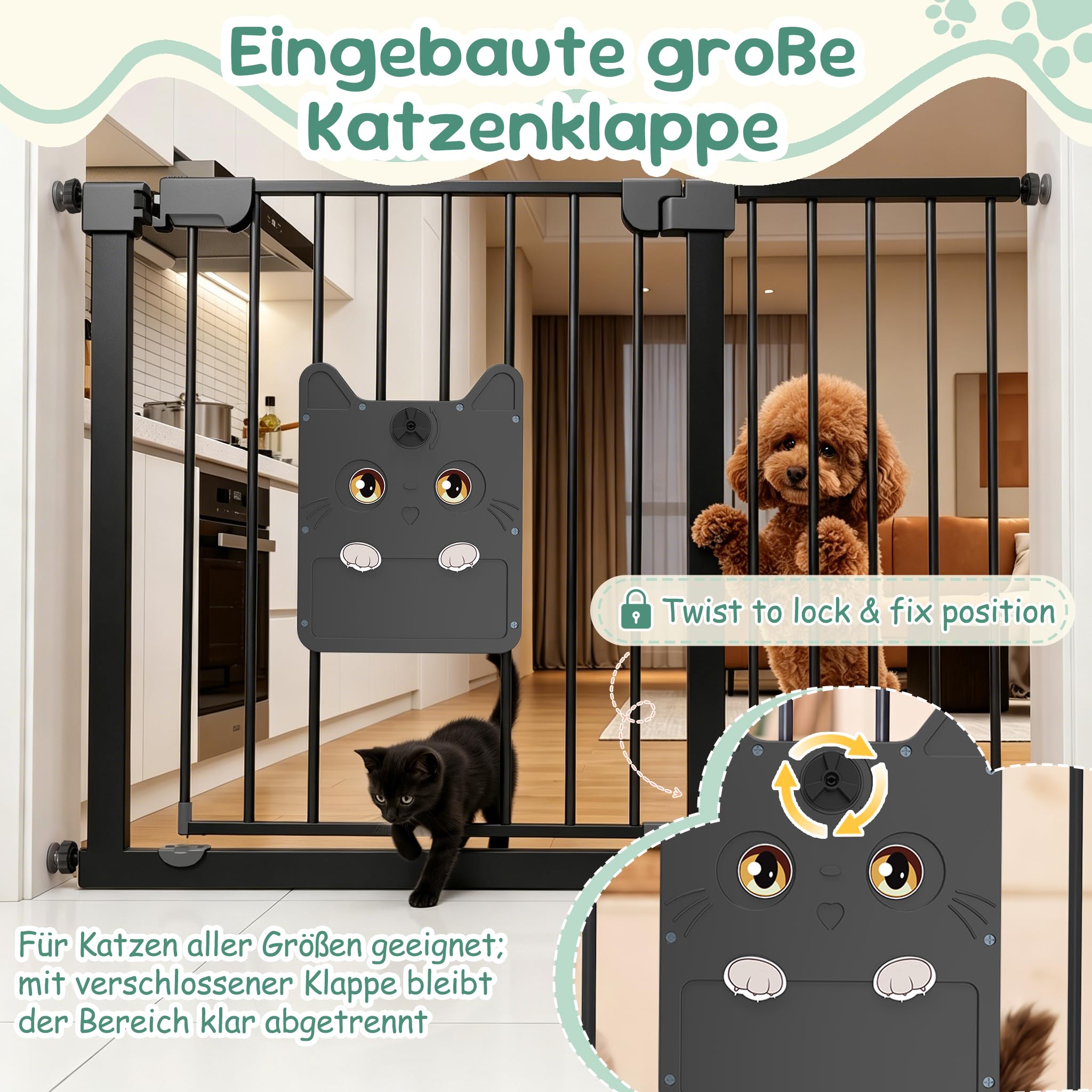 Innen Absperrgitter mit 30cm Verlängerung ohne Bohren, Türschutzgitter mit individuell gestaltbarer Schiebetür, zweiseitig schwenkbar Auto-Close, 105–115 cm Schwarz