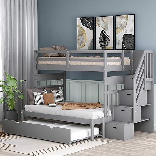 Miniatura 1 de Harper  Bright Designs Wood Bunk Bed Frame Twin Over TwinFull Bunk Bed with Trundle and Drawers Convertible Bunk Bed with Stairs and Guard Rail Gray